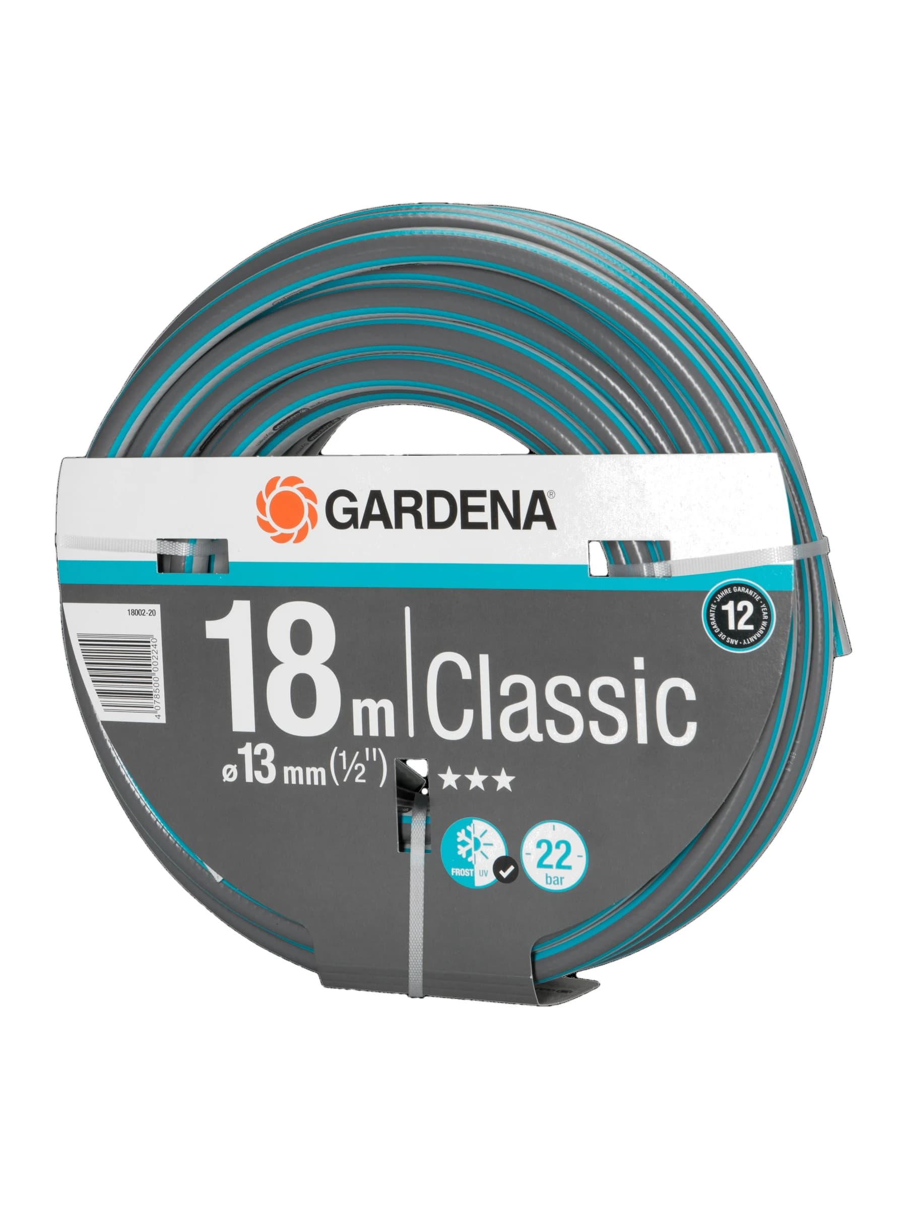 גליל צינור גינה GARDENA Classic באפור טורקיז, חצי צול (13 מ״מ) באורך 18 מטר, זווית הגליל - משתלות הדר נוי
