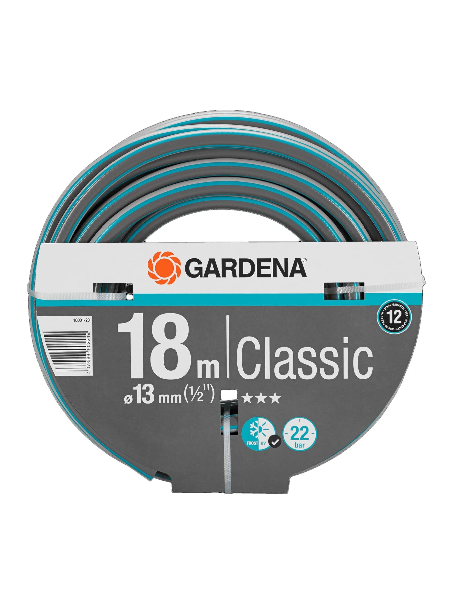 גליל צינור גינה GARDENA Classic באפור טורקיז, חצי צול (13 מ"מ) באורך 18 מטר, חזית הגליל - משתלות הדר נוי