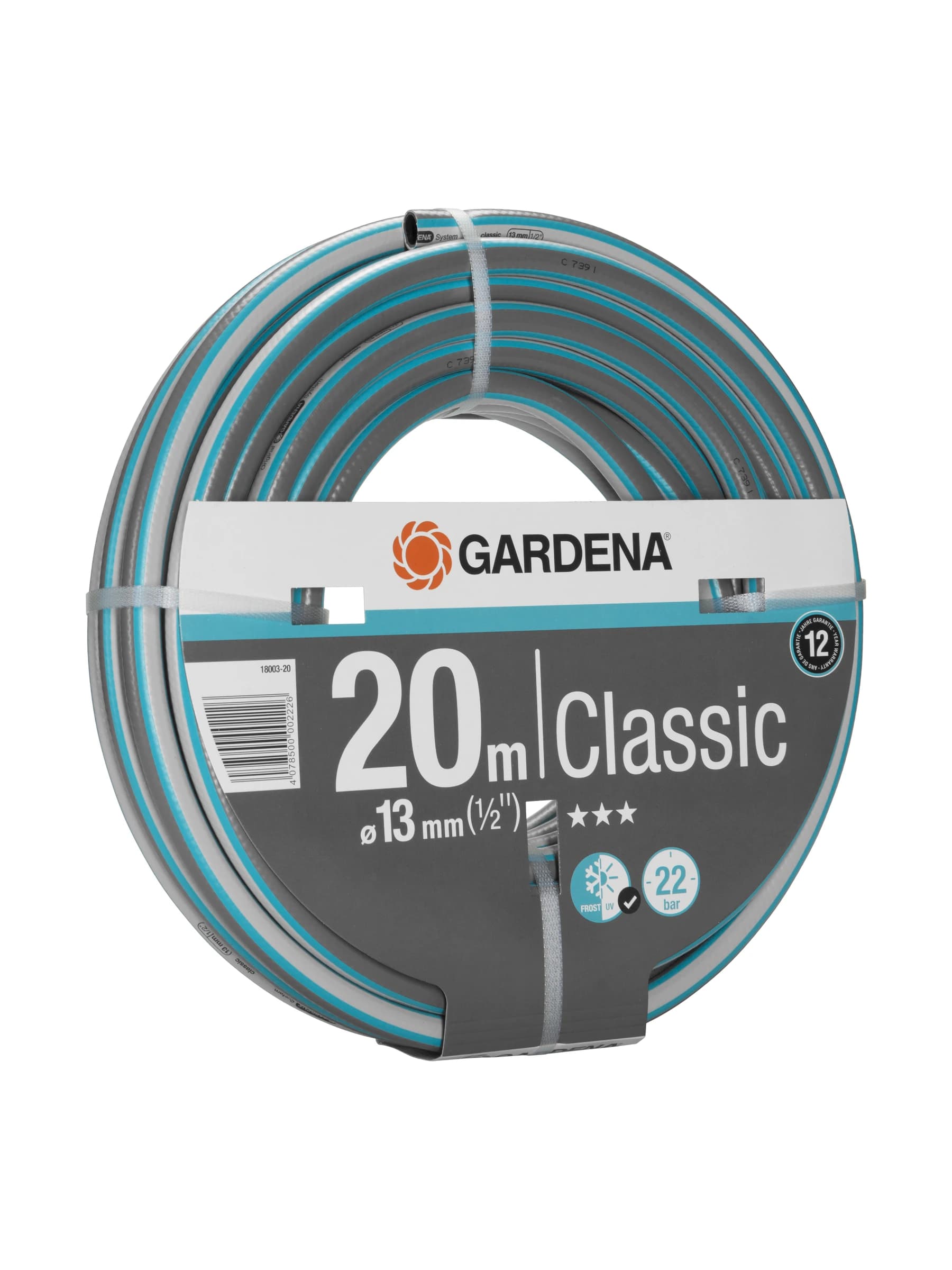 גליל צינור גינה GARDENA Classic באפור טורקיז, חצי צול (13 מ״מ) באורך 20 מטר, זווית הגליל - משתלות הדר נוי