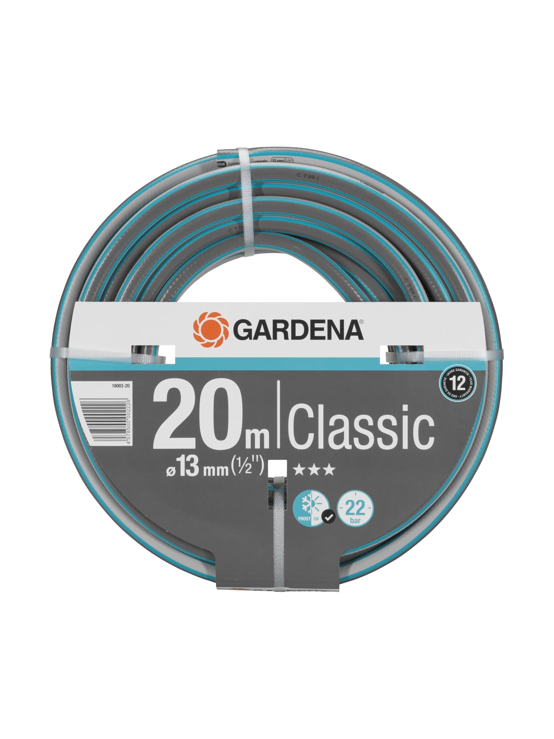גליל צינור גינה GARDENA Classic באפור טורקיז, חצי צול (13 מ״מ) באורך 20 מטר, חזית הגליל - משתלות הדר נוי