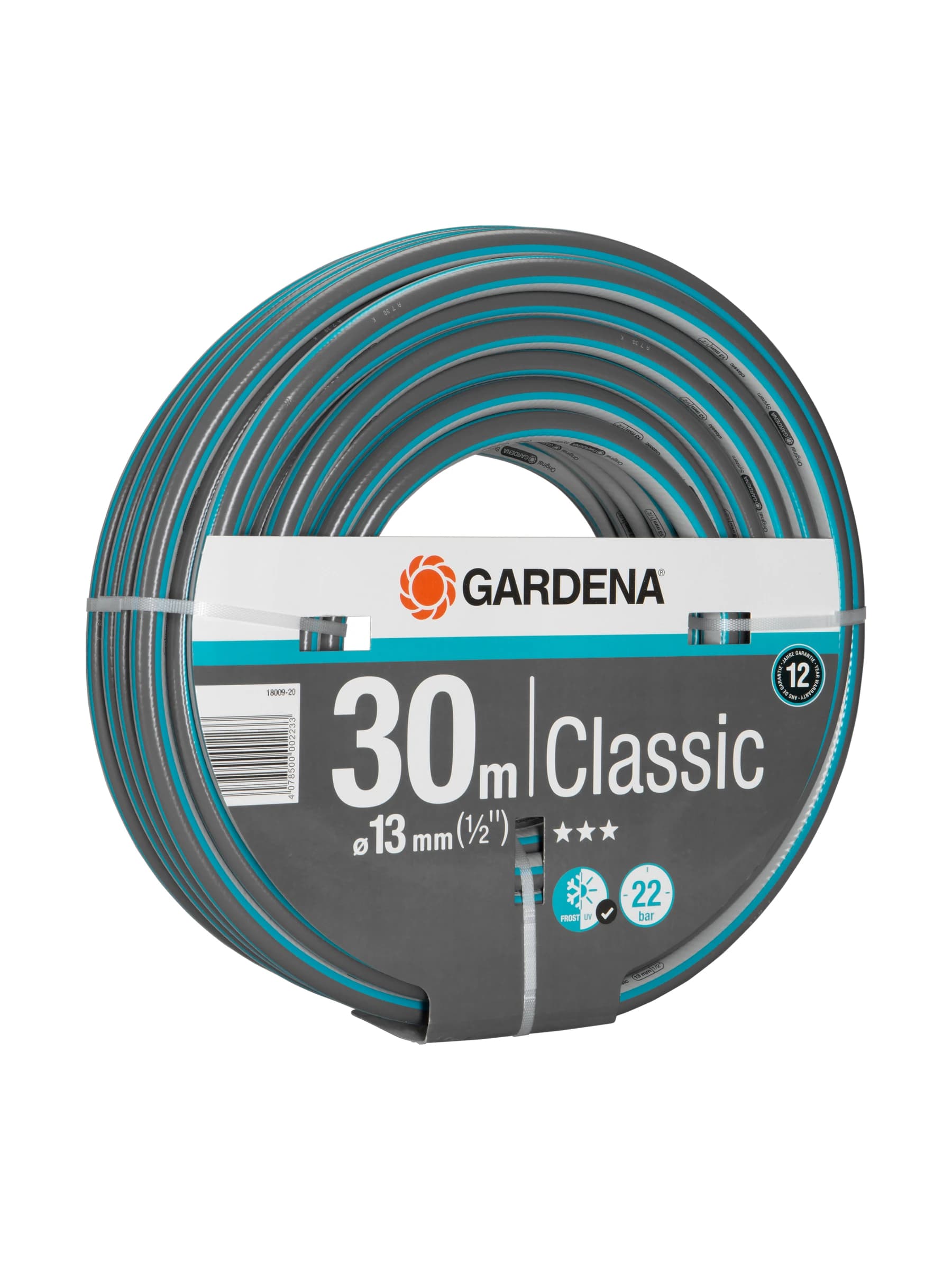 גליל צינור גינה GARDENA Classic באפור טורקיז, חצי צול (13 מ״מ) באורך 30 מטר, זווית הגליל - משתלות הדר נוי