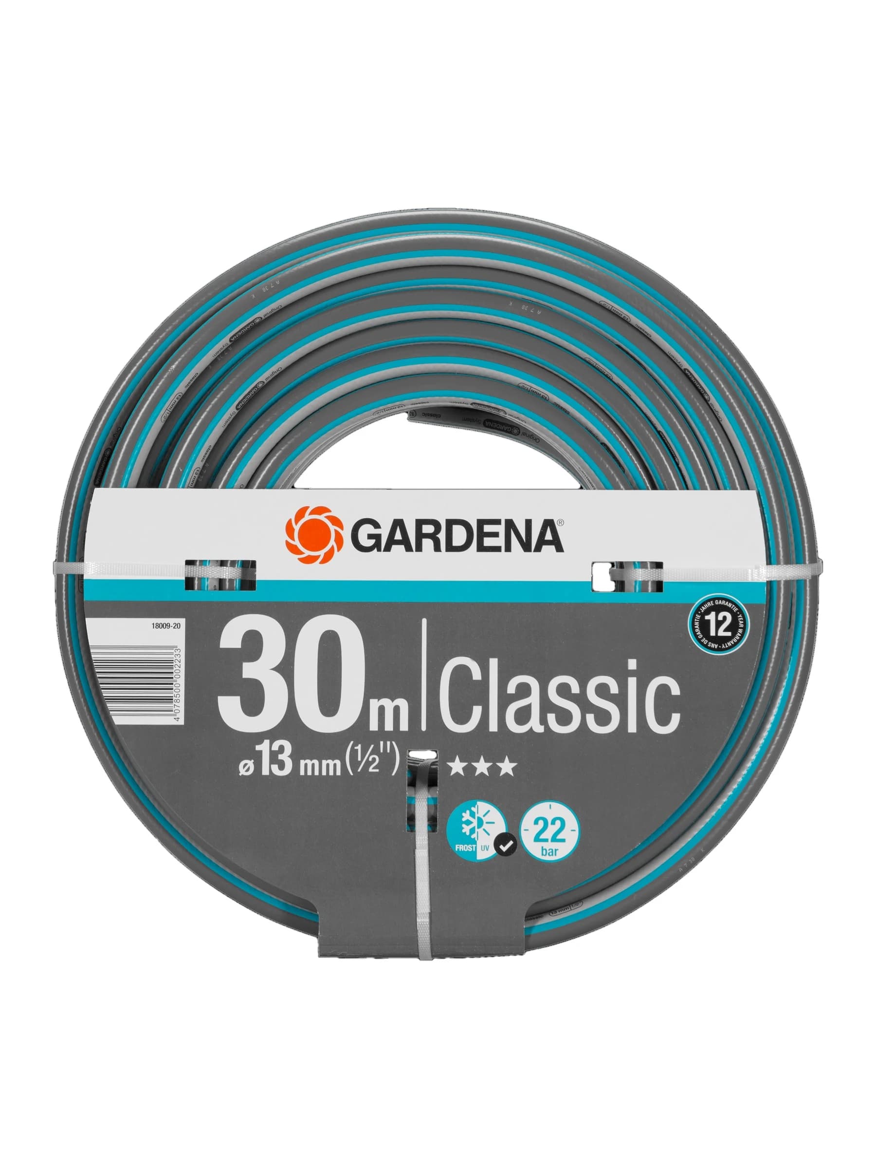 גליל צינור גינה GARDENA Classic באפור טורקיז, חצי צול (13 מ״מ) באורך 30 מטר, חזית הגליל - משתלות הדר נוי