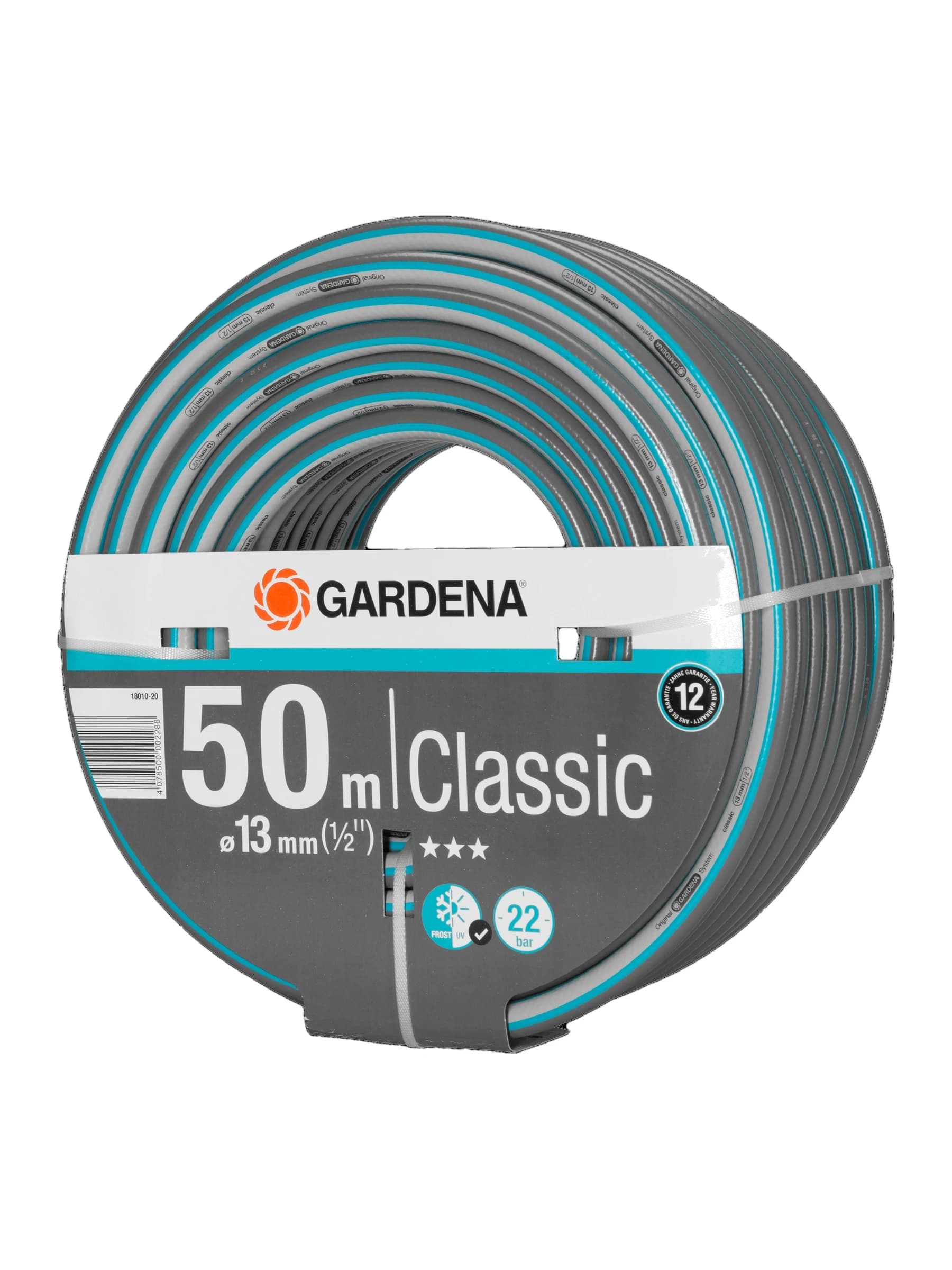 גליל צינור גינה GARDENA Classic באפור טורקיז, חצי צול (13 מ״מ) באורך 50 מטר, זווית הגליל - משתלות הדר נוי