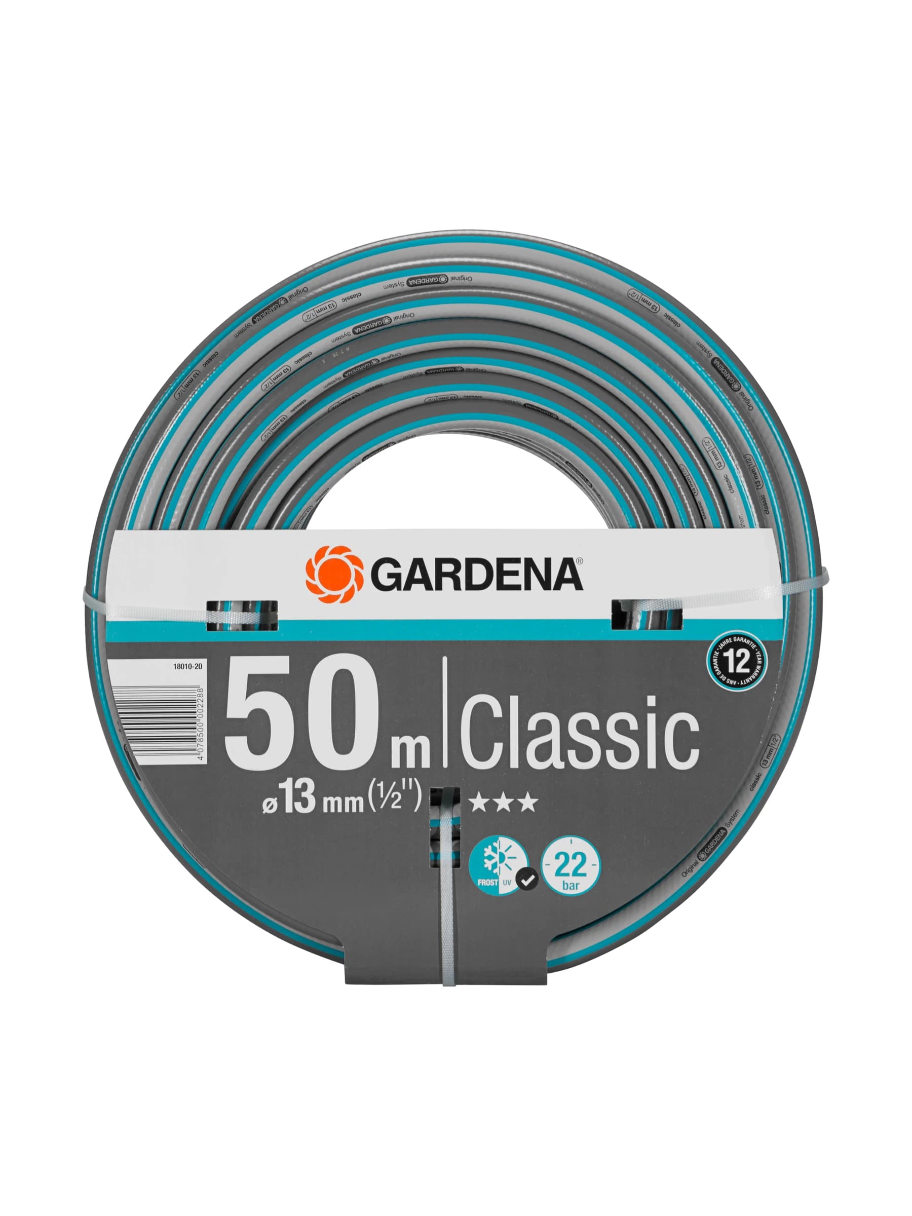 גליל צינור גינה GARDENA Classic באפור טורקיז, חצי צול (13 מ״מ) באורך 50 מטר, חזית הגליל - משתלות הדר נוי