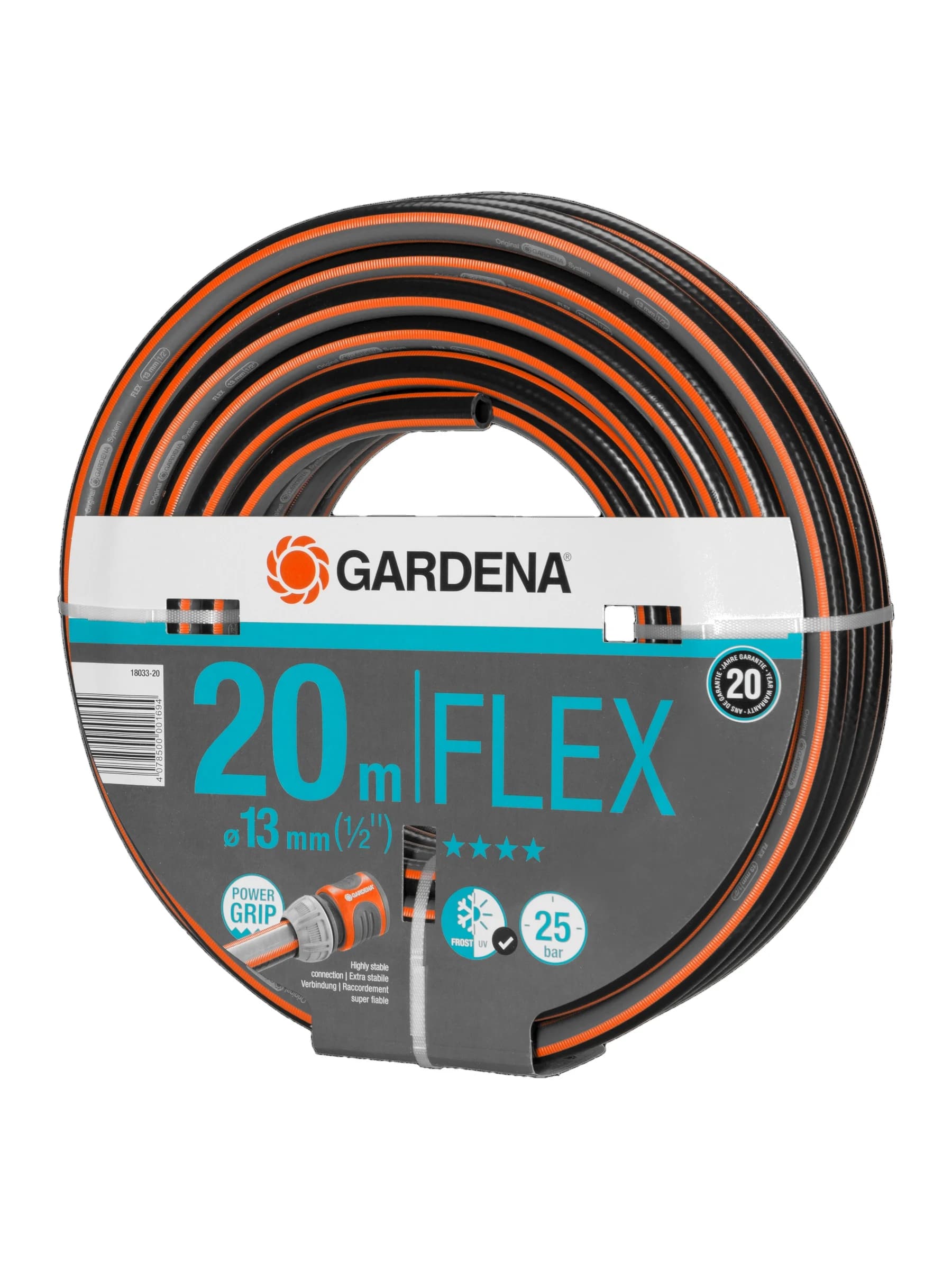 גליל צינור גינה GARDENA Comfort FLEX באפור כתום, חצי צול (13 מ״מ) באורך 20 מטר, זווית הגליל - משתלות הדר נוי