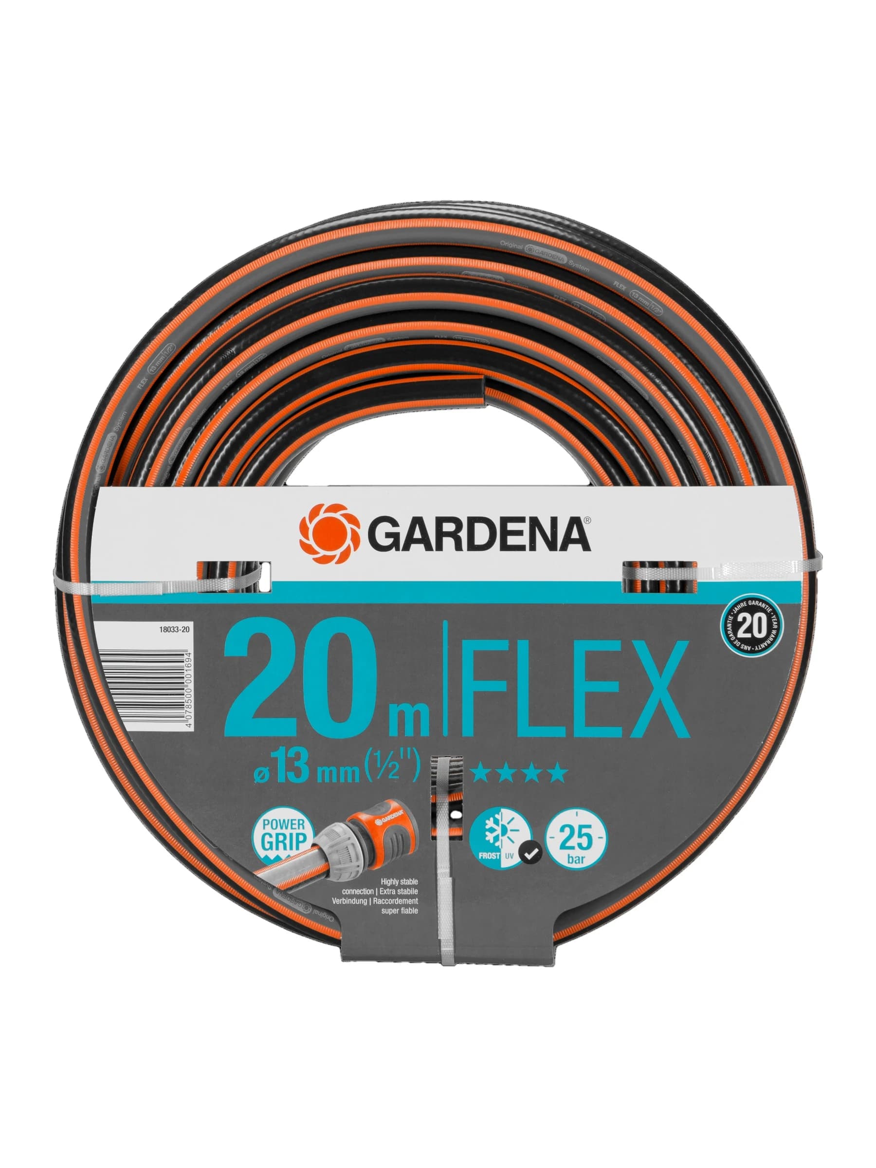 גליל צינור גינה GARDENA Comfort FLEX באפור כתום, חצי צול (13 מ״מ) באורך 20 מטר, חזית הגליל - משתלות הדר נוי