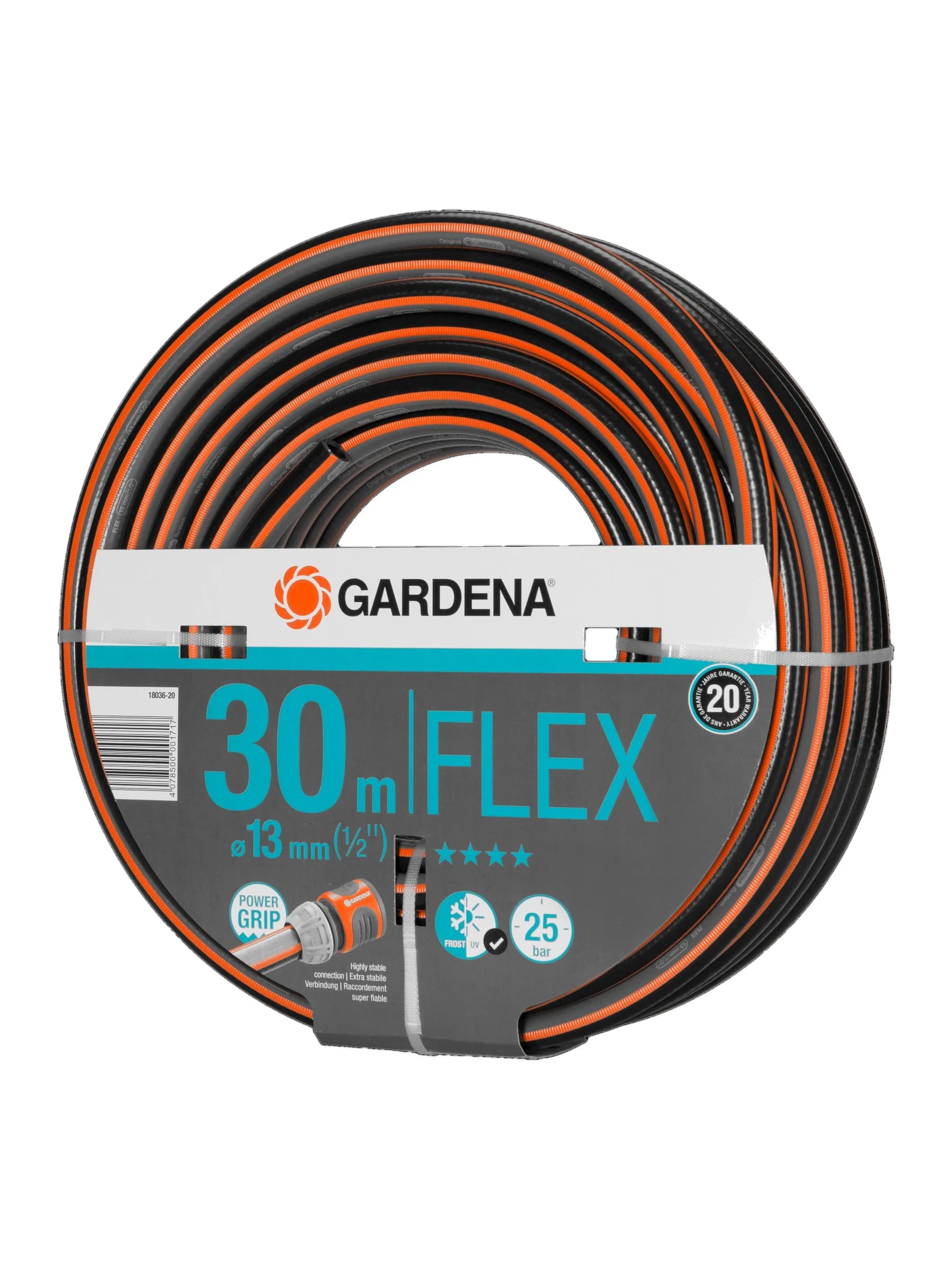 גליל צינור גינה GARDENA Comfort FLEX באפור כתום, חצי צול (13 מ״מ) באורך 30 מטר, זווית הגליל - משתלות הדר נוי