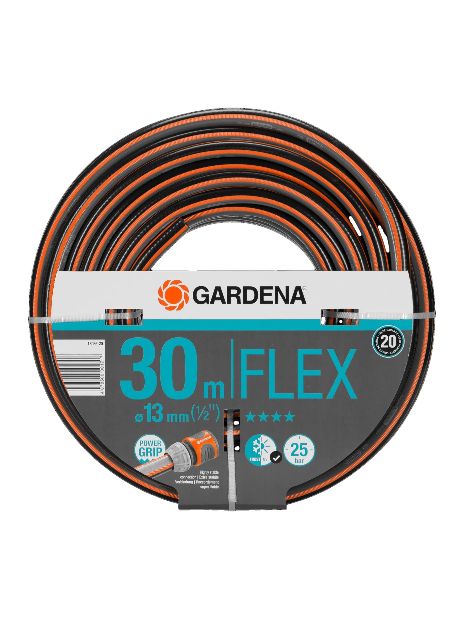 גליל צינור גינה GARDENA Comfort FLEX באפור כתום, חצי צול (13 מ״מ) באורך 30 מטר, חזית הגליל - משתלות הדר נוי
