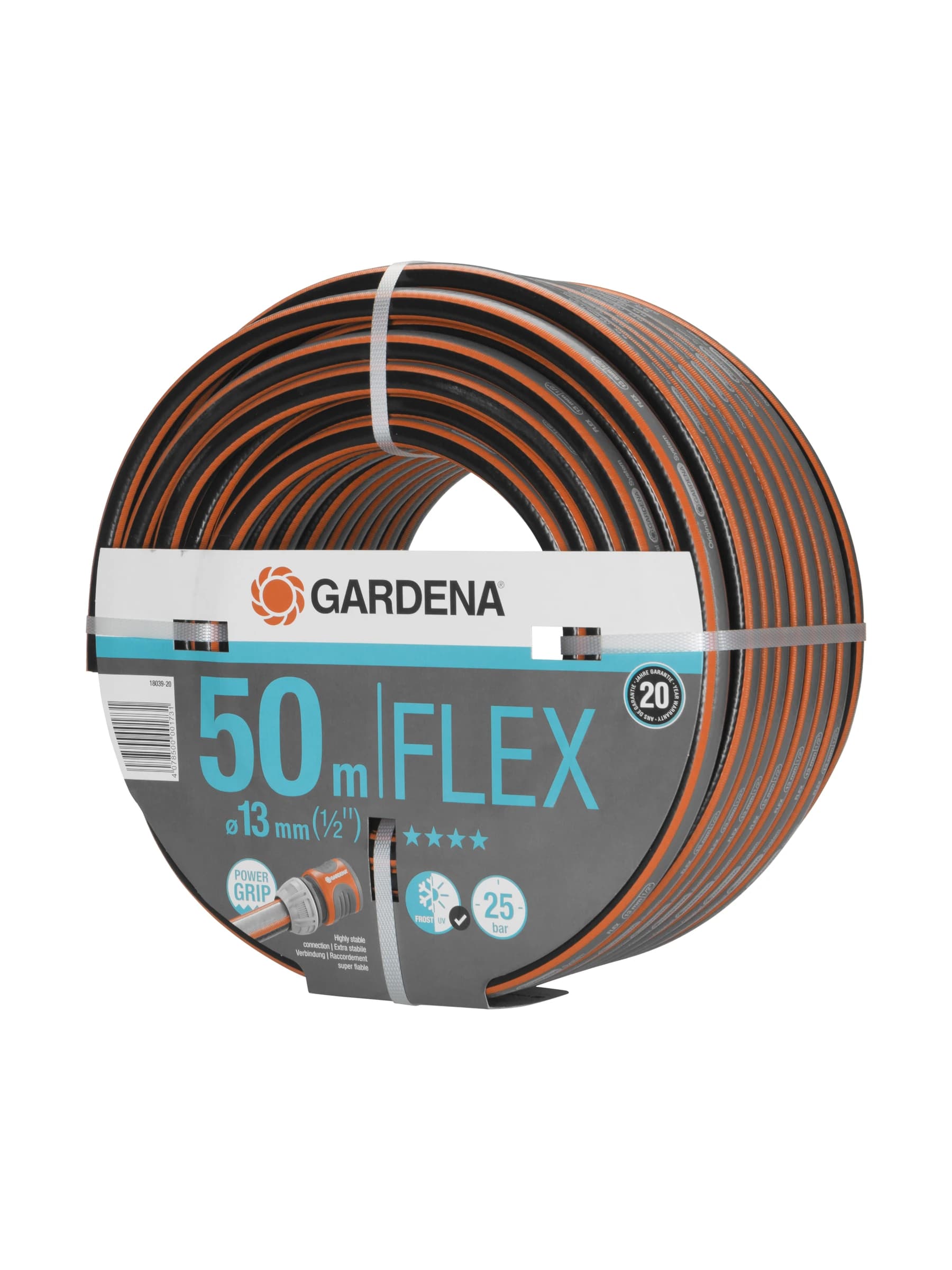 גליל צינור גינה GARDENA Comfort FLEX באפור כתום, חצי צול (13 מ״מ) באורך 50 מטר, זווית הגליל - משתלות הדר נוי