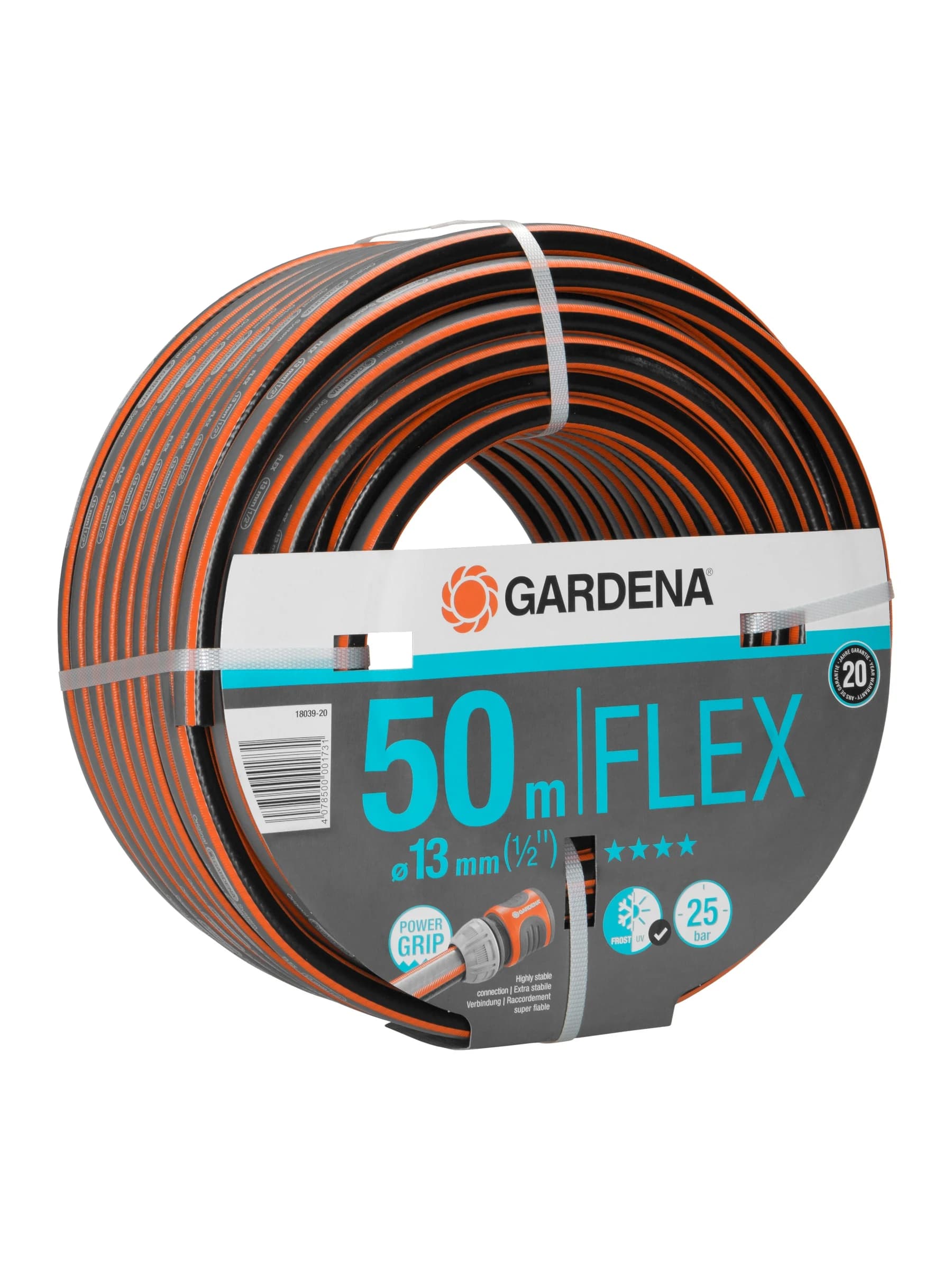 גליל צינור גינה GARDENA Comfort FLEX באפור כתום, חצי צול (13 מ״מ) באורך 50 מטר, חזית הגליל - משתלות הדר נוי