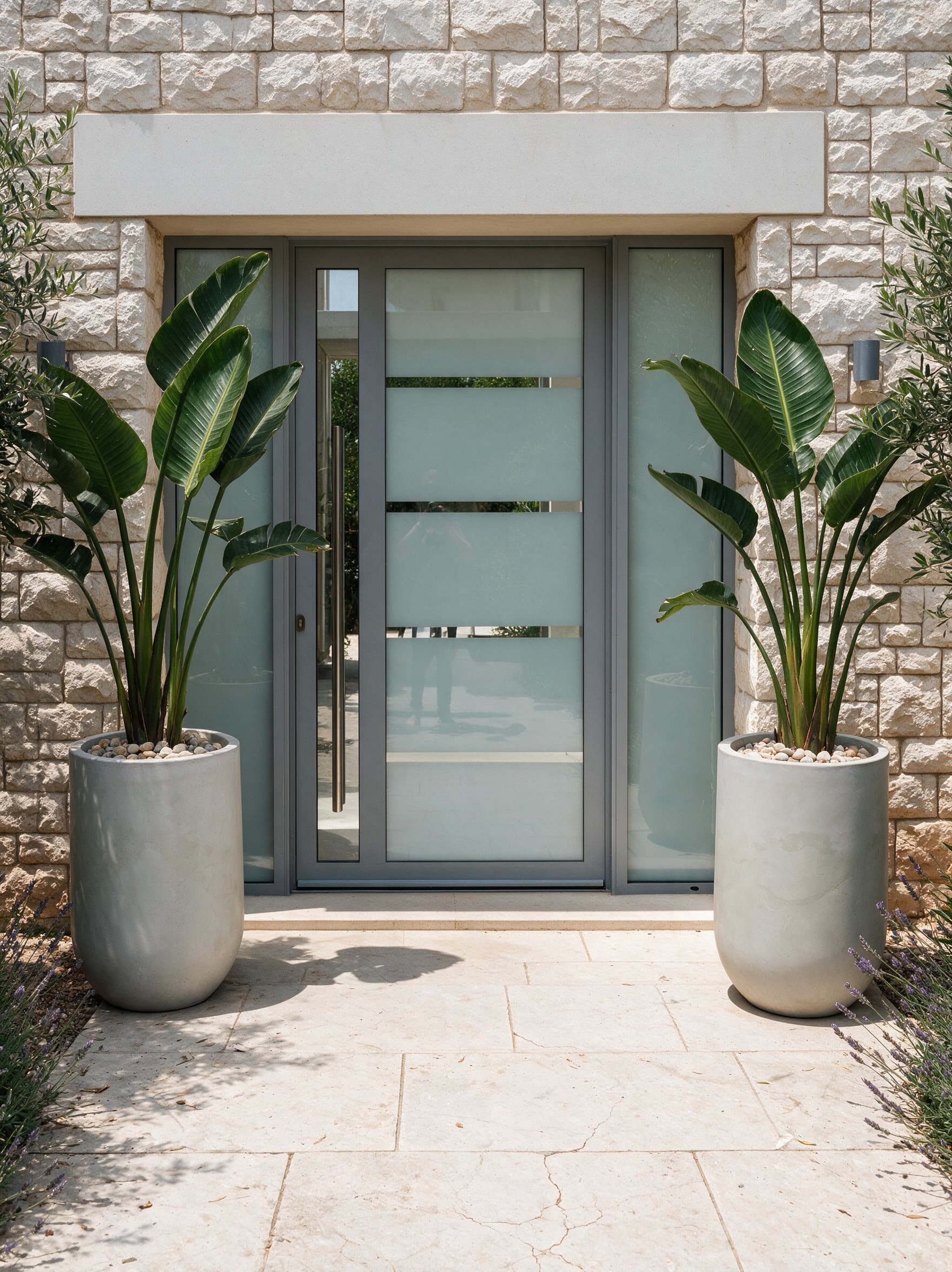 זוג כדי VasArt Deco גבוהים בגוון קרם עם ציפור גן עדן, משני צדי דלת כניסה בבית פרטי בישראל עם חיפוי אבן ירושלמית