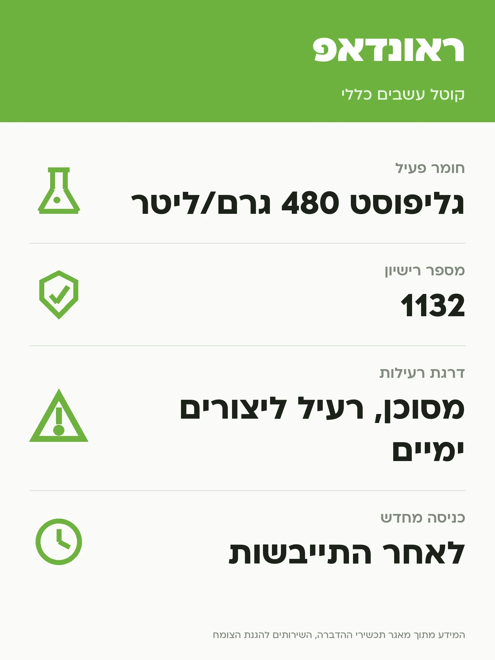 ראונדאפ: קוטל עשבים כללי, נתוני התווית הרשמית