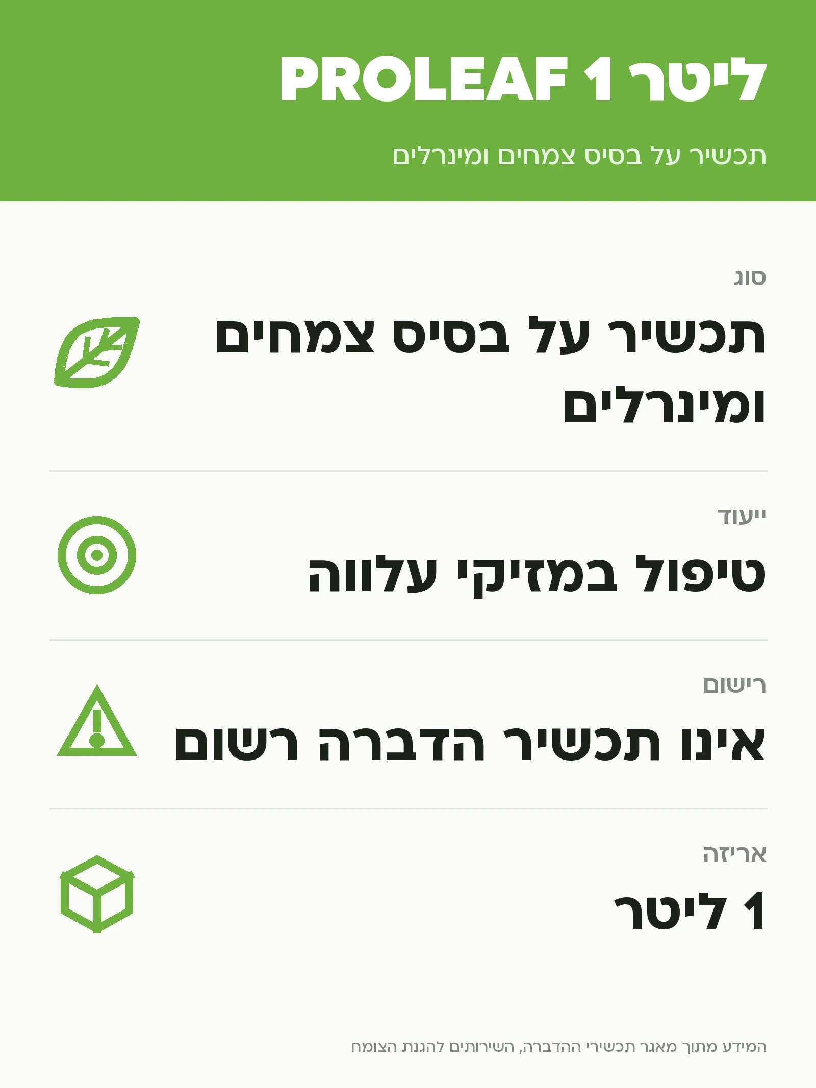 PROLEAF 1 ליטר: תכשיר על בסיס צמחים ומינרלים, נתוני התווית הרשמית