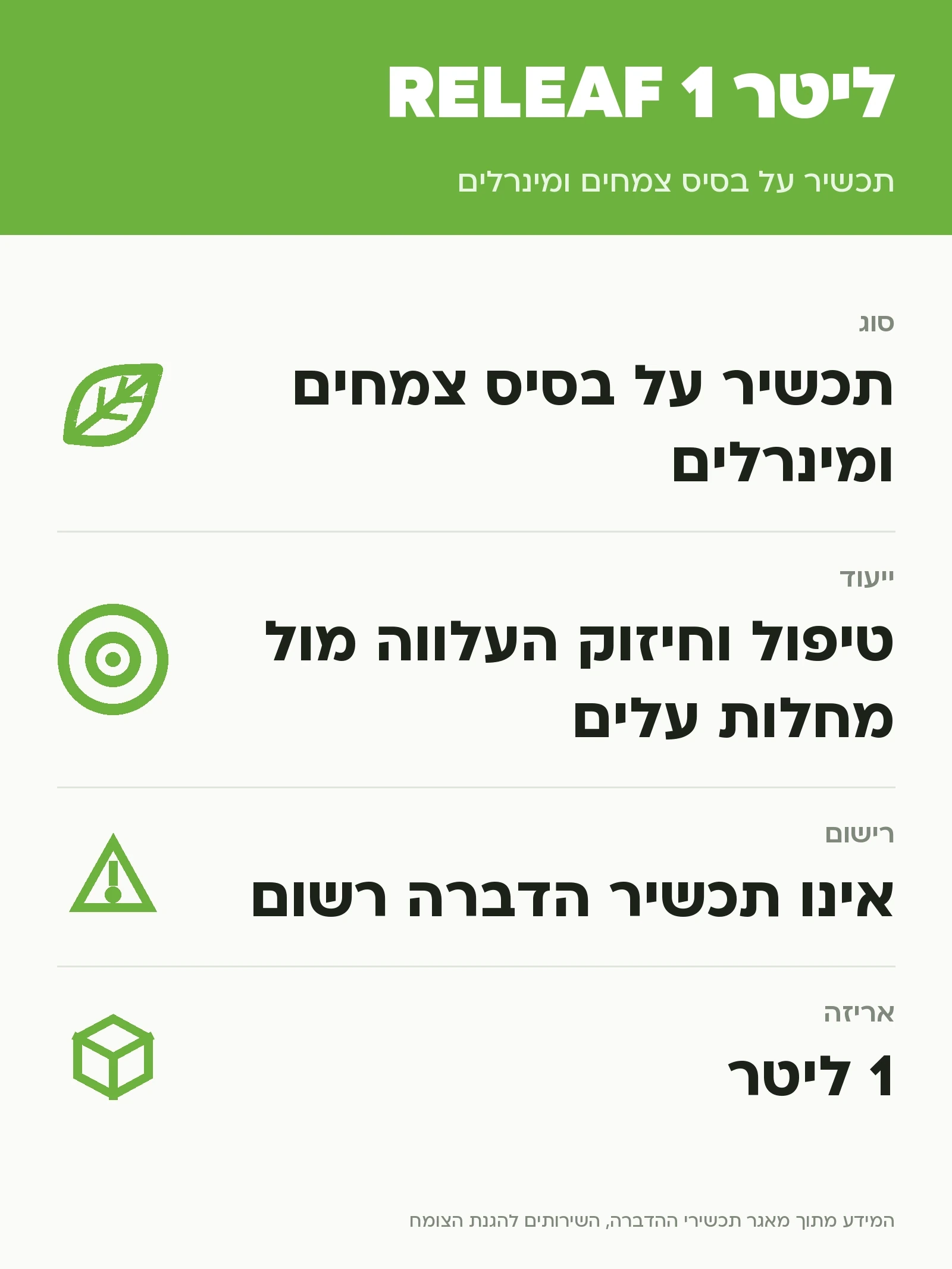 RELEAF 1 ליטר: תכשיר על בסיס צמחים ומינרלים, נתוני התווית הרשמית