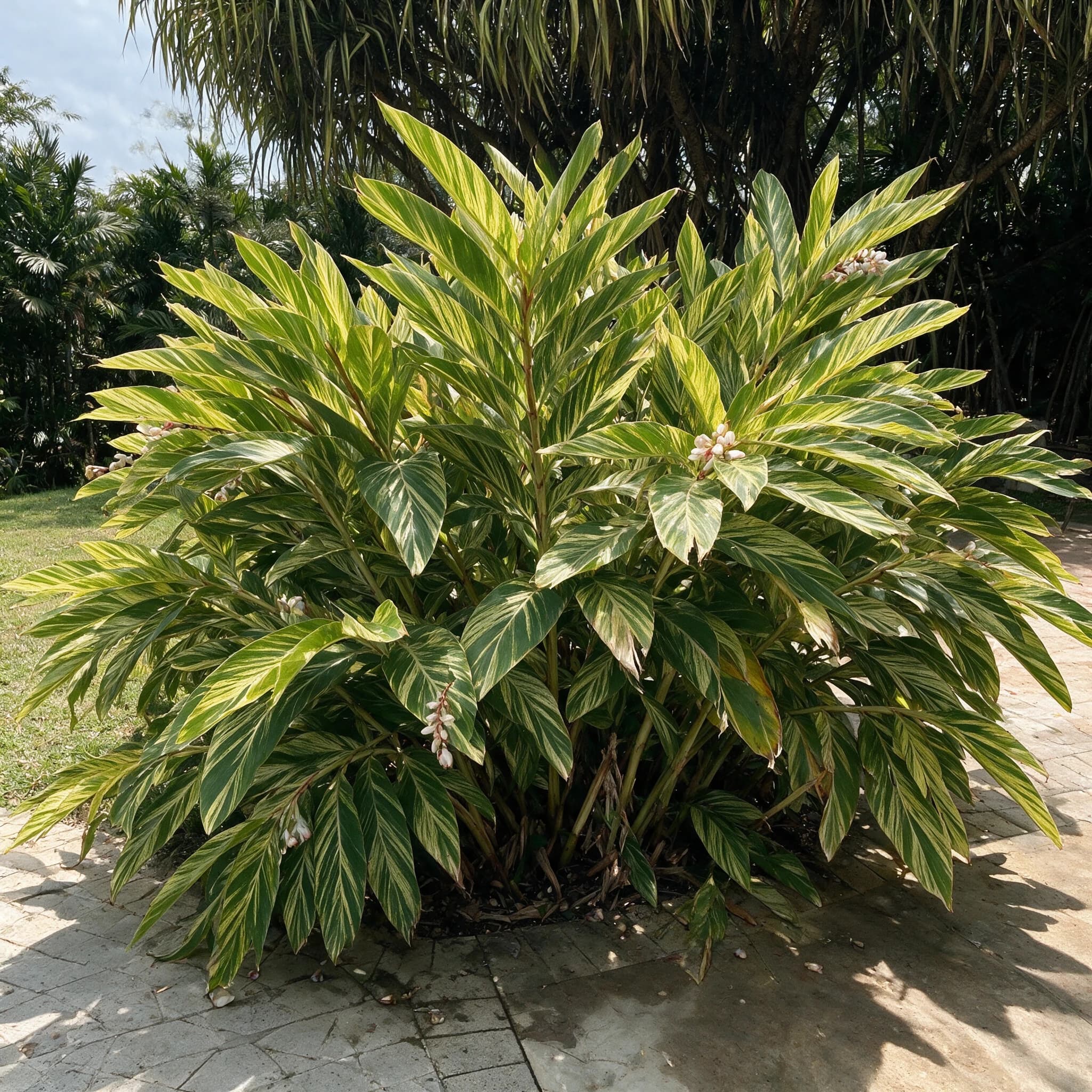 אלפיניה מגוונת (alpinia zerumbet variegata) — שיח אלפיניה מגוונת בצהוב וירוק בגן ציבורי לצד ריצוף אבן — צמח מבטא בגינה, משתלת הדר נוי