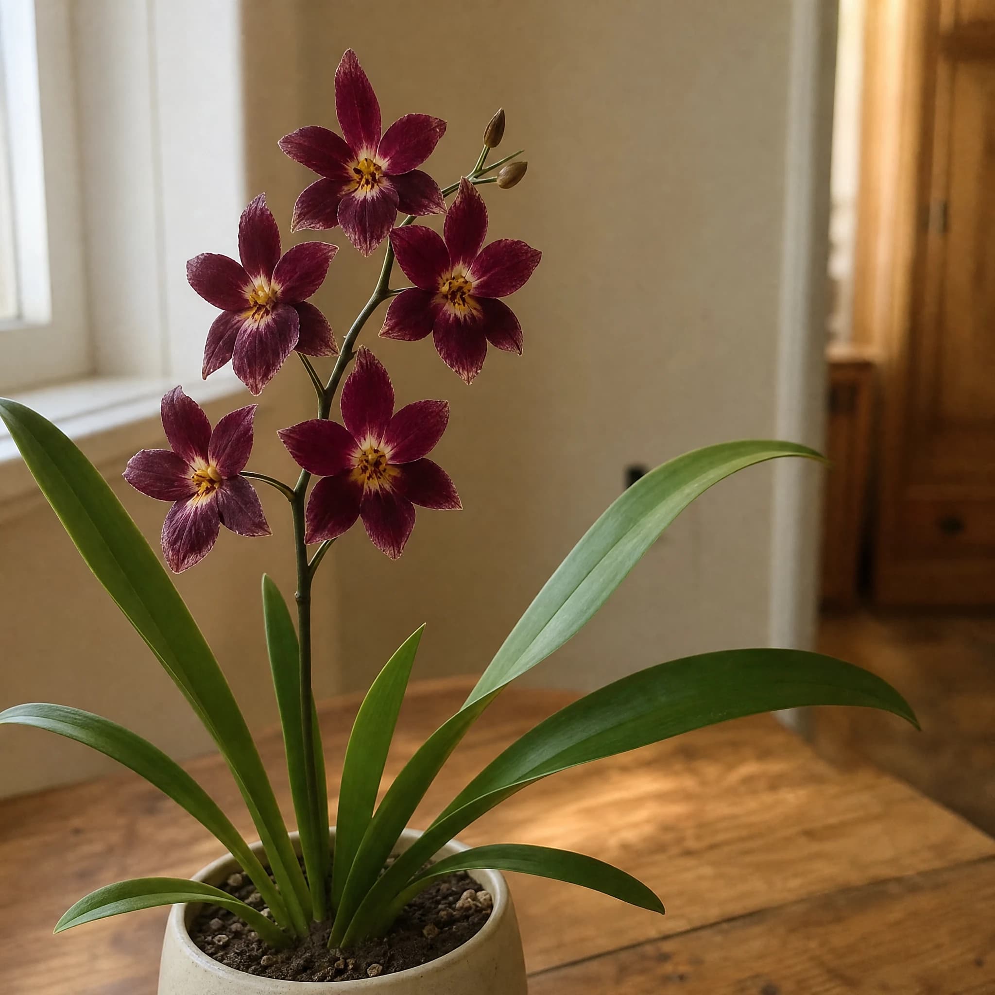 סחלב קמבריה (cambria orchid hybrid), סחלב קמבריה בעציץ אבן בהיר על שולחן עץ בבית, צמח בית בסלון ובמשרד, משתלת הדר נוי