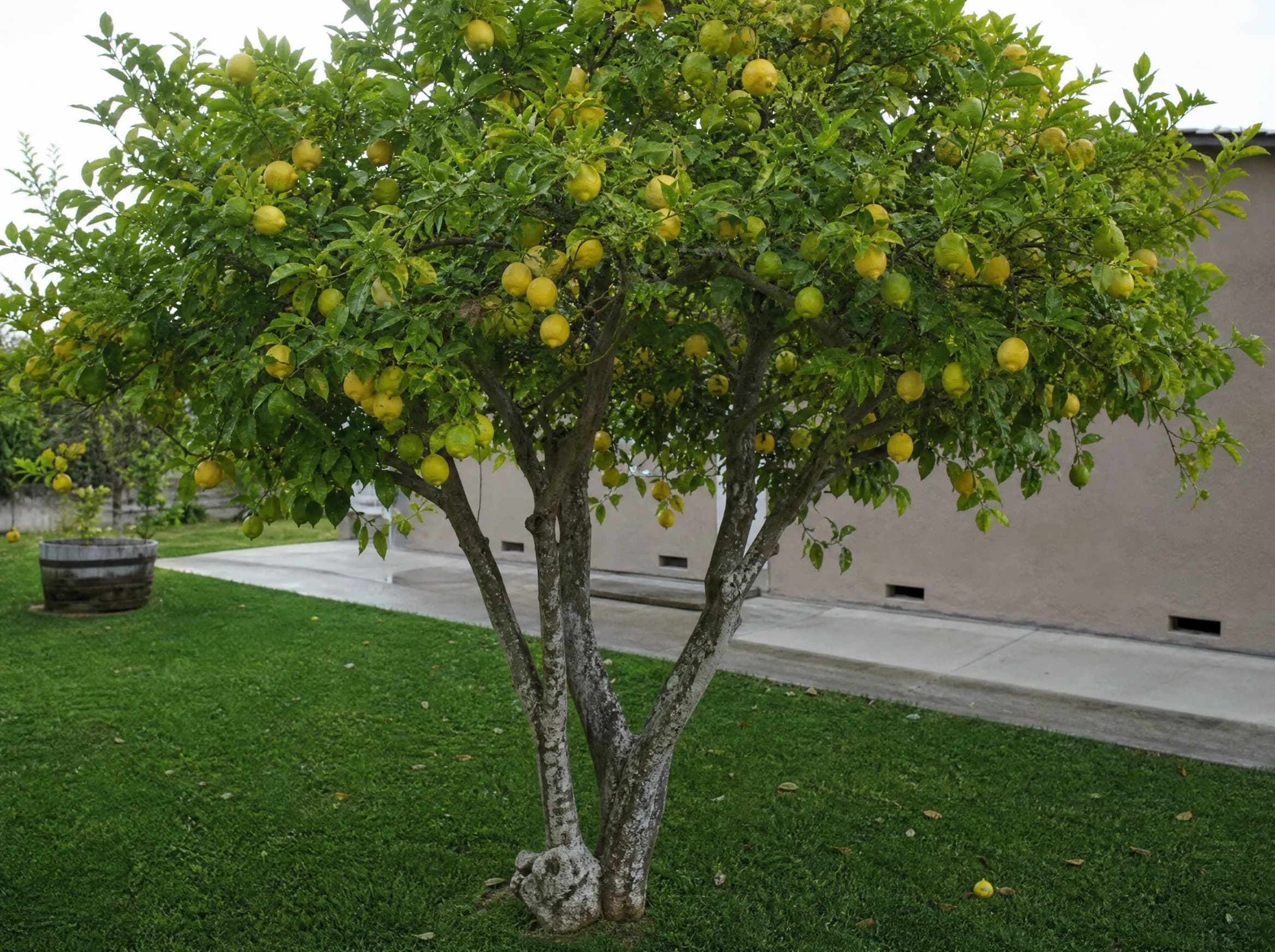 לימון יוריקה (גזע עבה) (citrus limon) — עץ לימון בוגר עמוס פרי על מדשאה מכוסחת בגינה — צמח מבטא בגינה, משתלת הדר נוי
