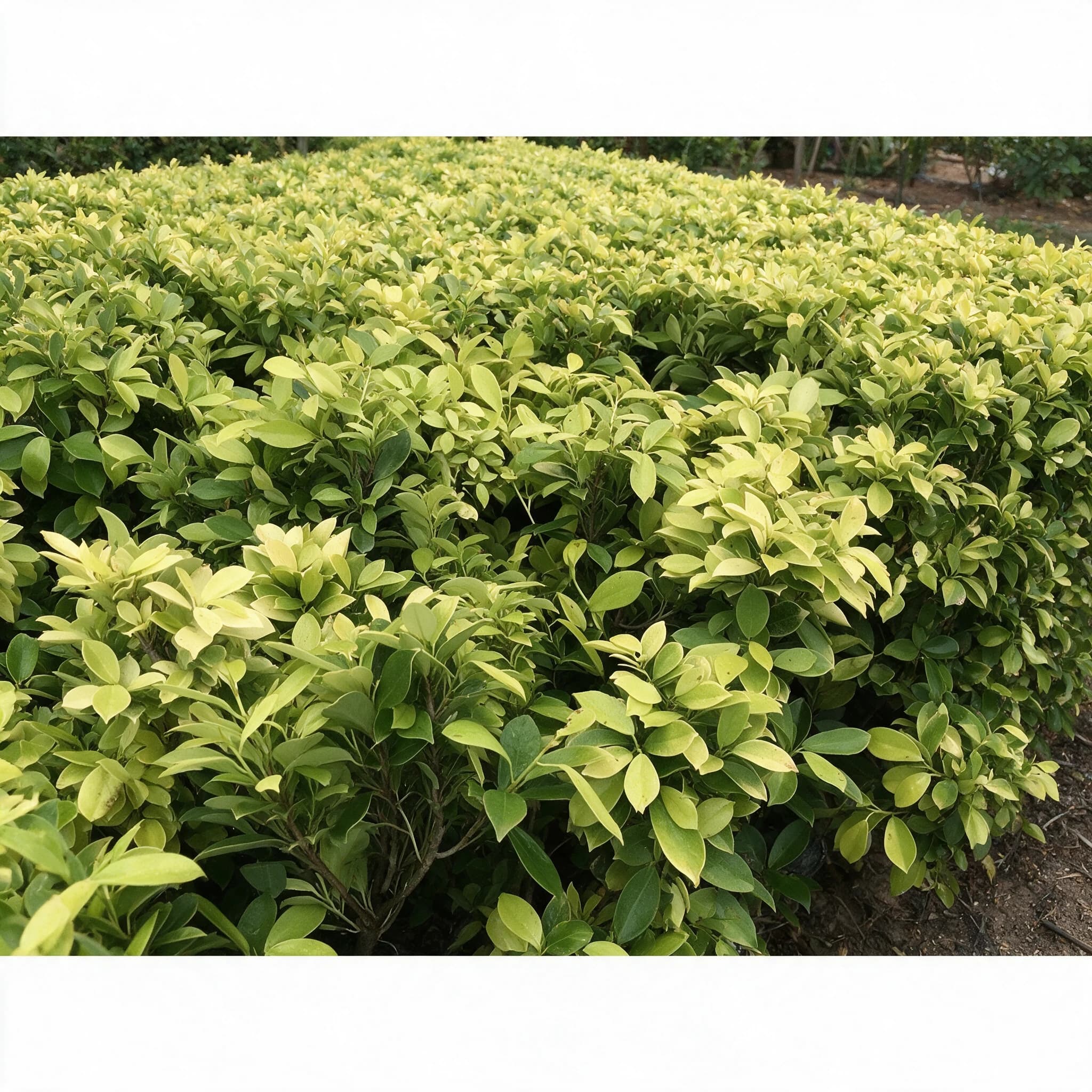 פיקוס 'גולדן׳ (ficus microcarpa golden), גדר חיה מפיקוס גולדן בעלווה צהובה-ירוקה מגוזמת, גדר חיה, משתלת הדר נוי