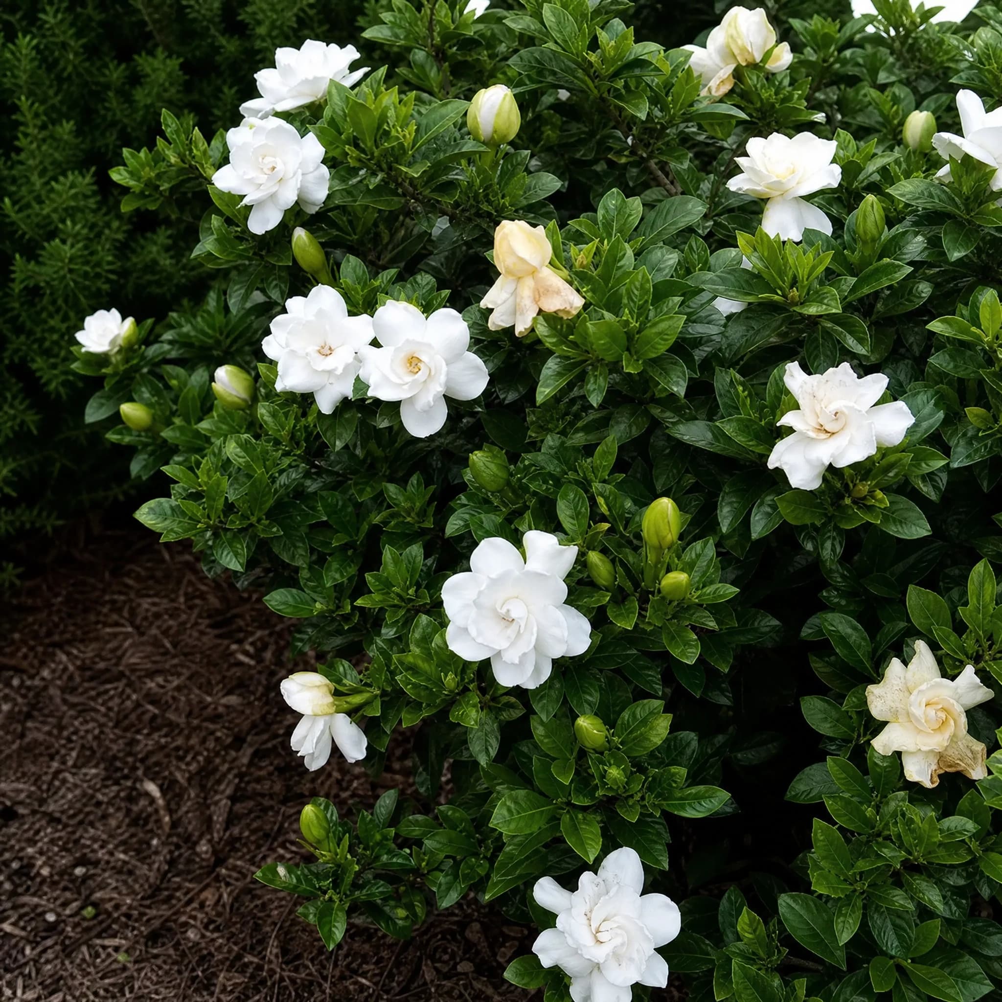 גרדניה (gardenia jasminoides), שיח גרדניה בפריחה לבנה בערוגה, עלווה ירוקה מבריקה, שתילה במסה, משתלת הדר נוי