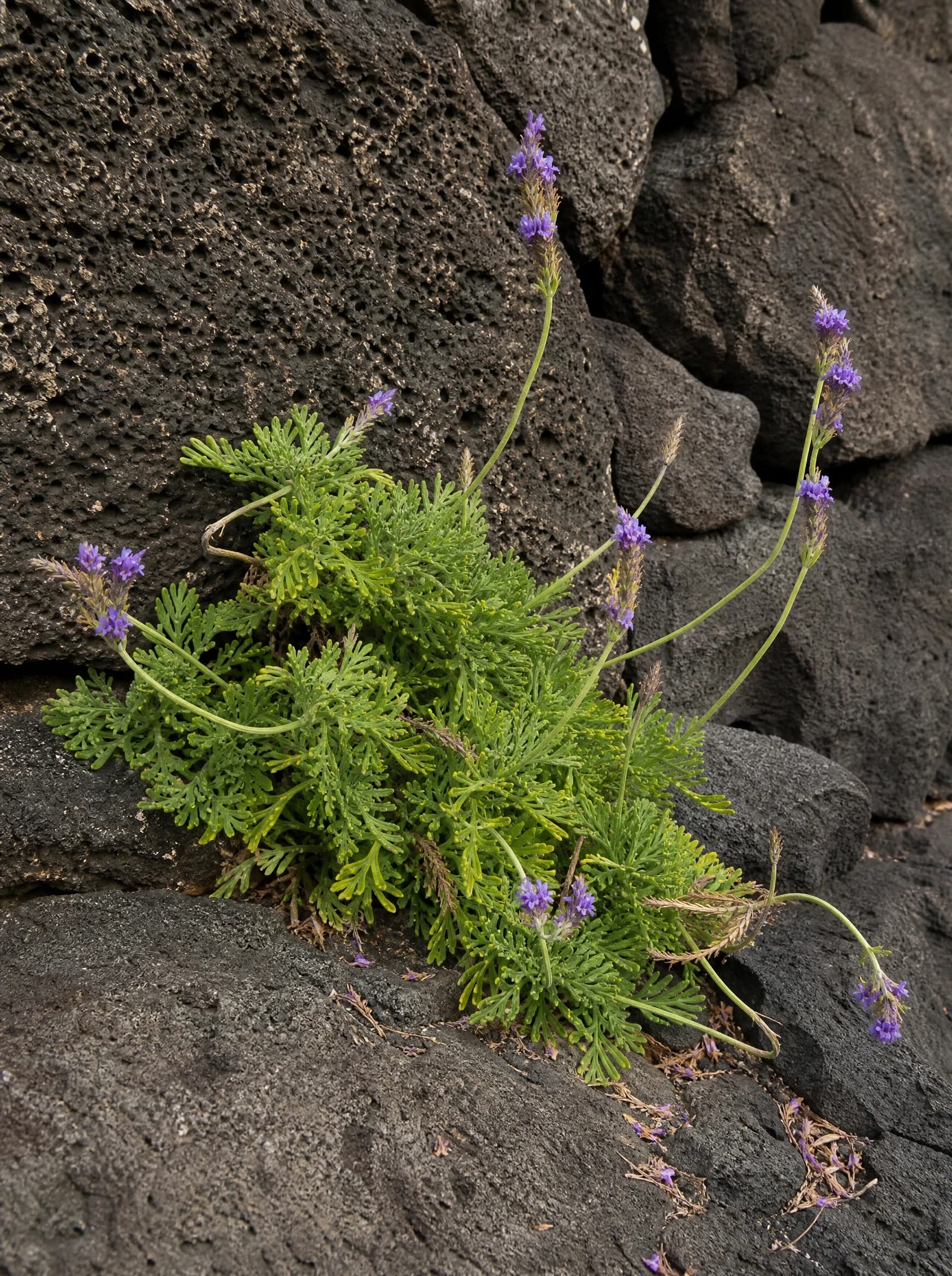לבנדר קנרי (lavandula canariensis) — לבנדר קנרי בעלים נוצתיים ושיבולים סגולות בסדק קיר סלע בזלת — גינת סלעים, משתלת הדר נוי
