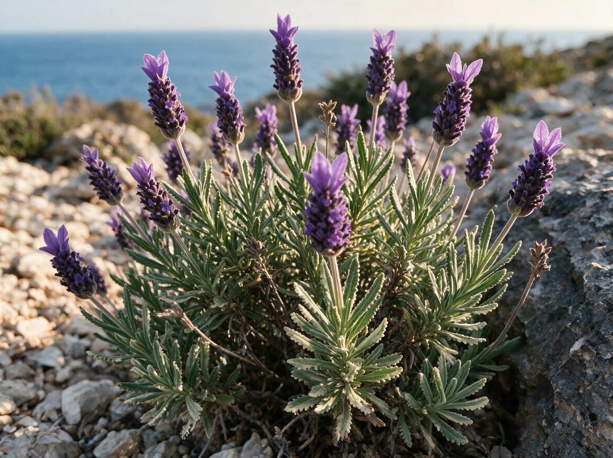 לבנדר משונן (lavandula dentata) — לבנדר משונן מגוון בשיבולים סגולות בין סלעי גיר מול הים — גינת סלעים, משתלת הדר נוי