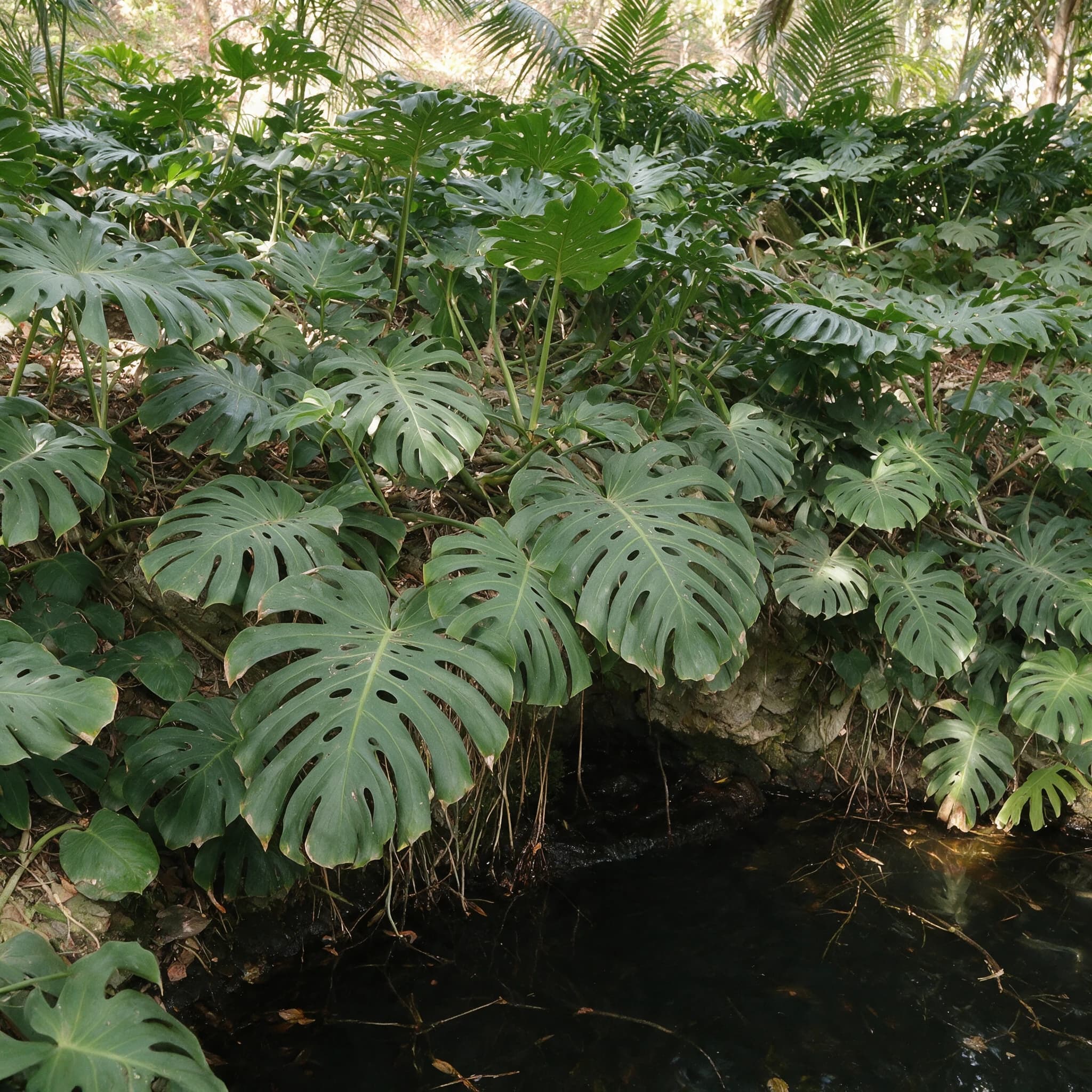 מונסטרה (monstera deliciosa) — מושבת מונסטרה בעלים ענקיים ומחוררים על גדת נחל מוצלת — שתילה במסה, משתלת הדר נוי