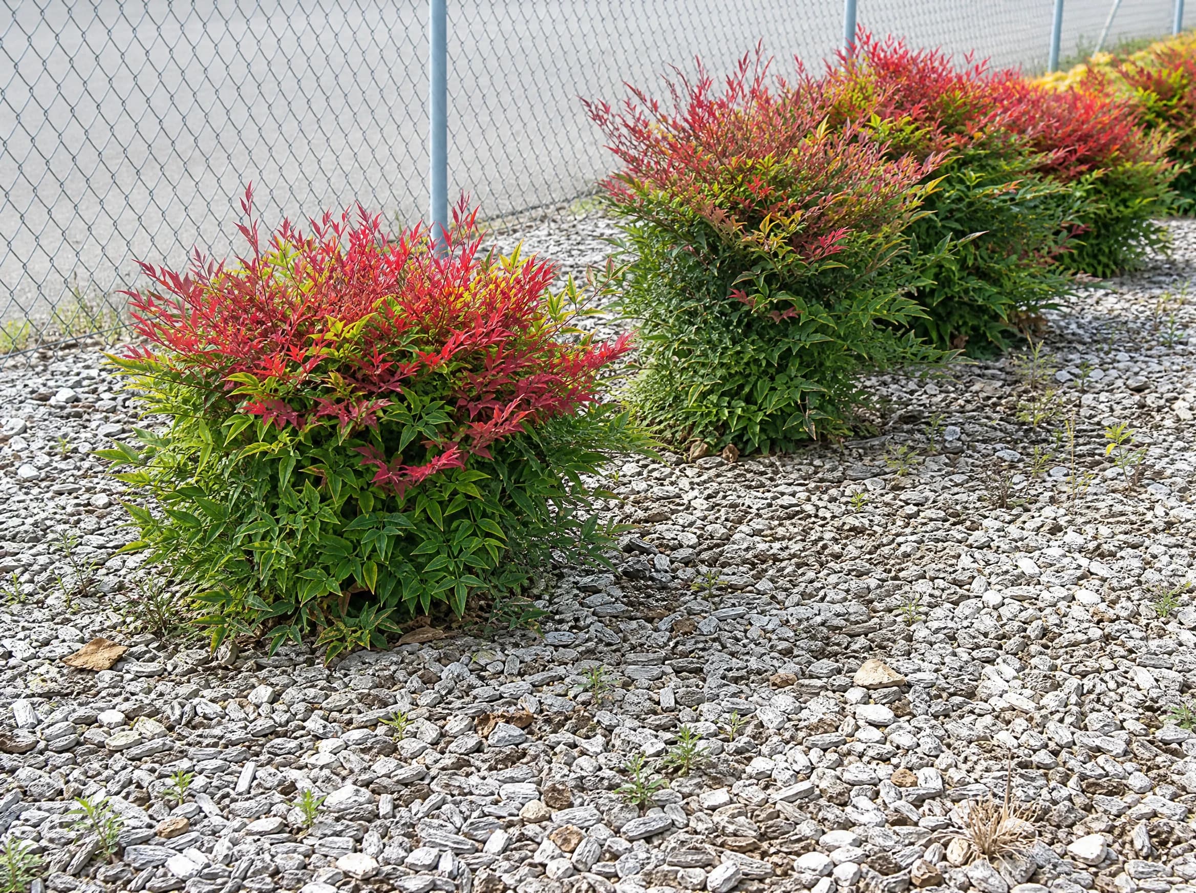 ננדינה תרבותית (nandina domestica) — שורת שיחים בעלווה אדומה בערוגת חצץ לאורך גדר רשת — שתילה במסה, משתלת הדר נוי