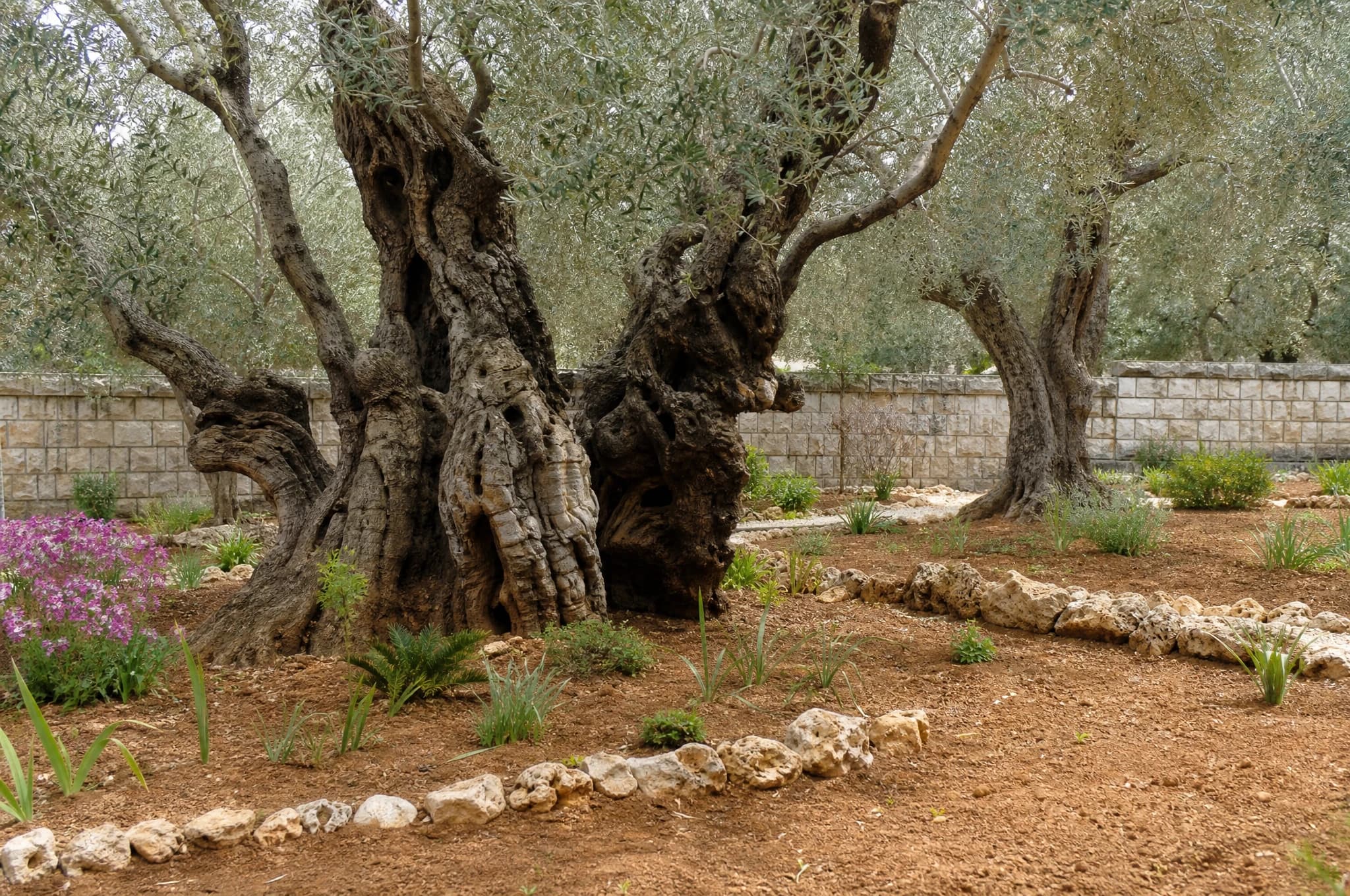 זית ג״ג (olea europaea) — עצי זית ותיקים בעלי גזעים מפותלים בגינה עם ערוגות אדמה וגדרות אבן — צמח מבטא בגינה, משתלת הדר נוי