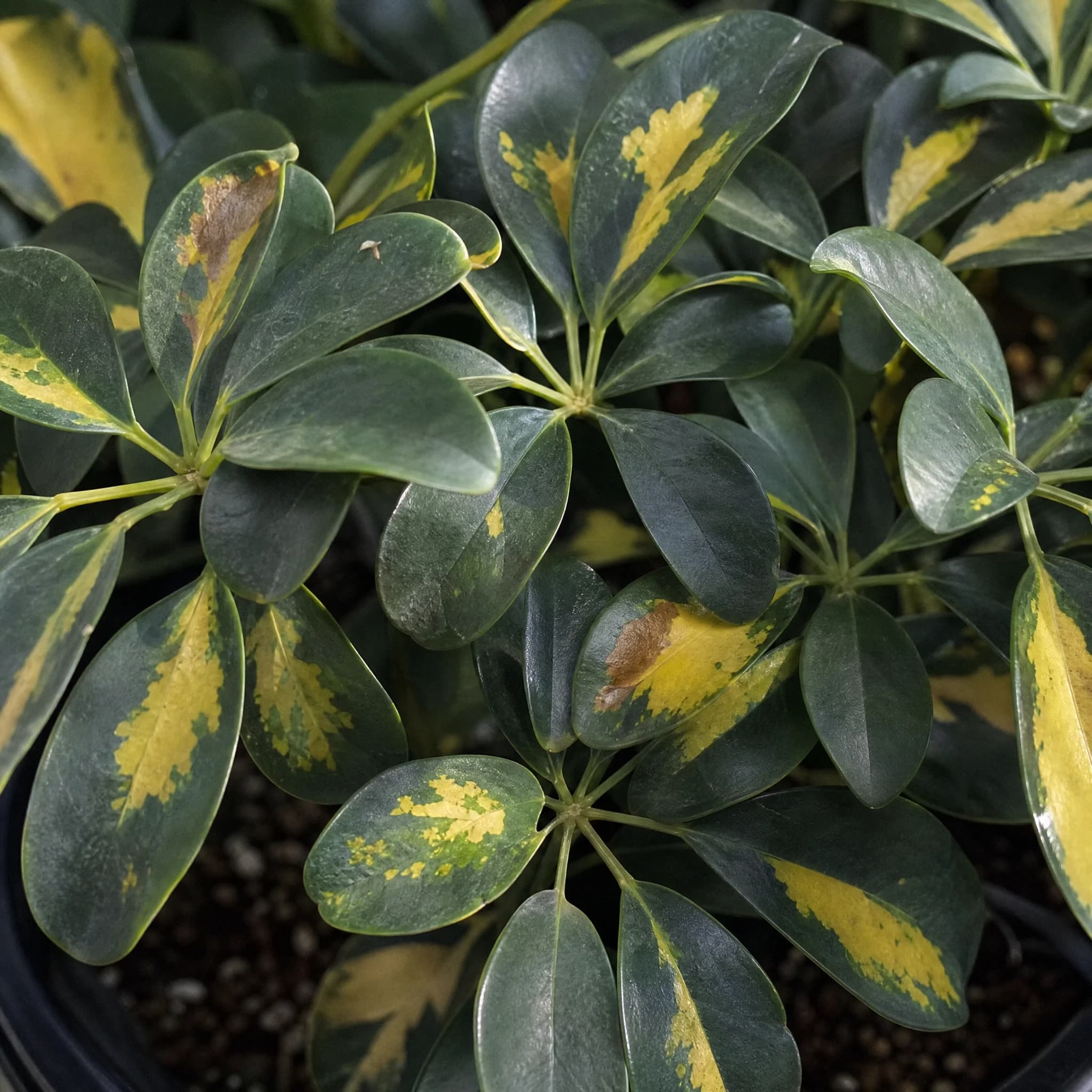 שפלרה מגוונת (schefflera arboricola variegata) — תקריב עלים, משתלת הדר נוי