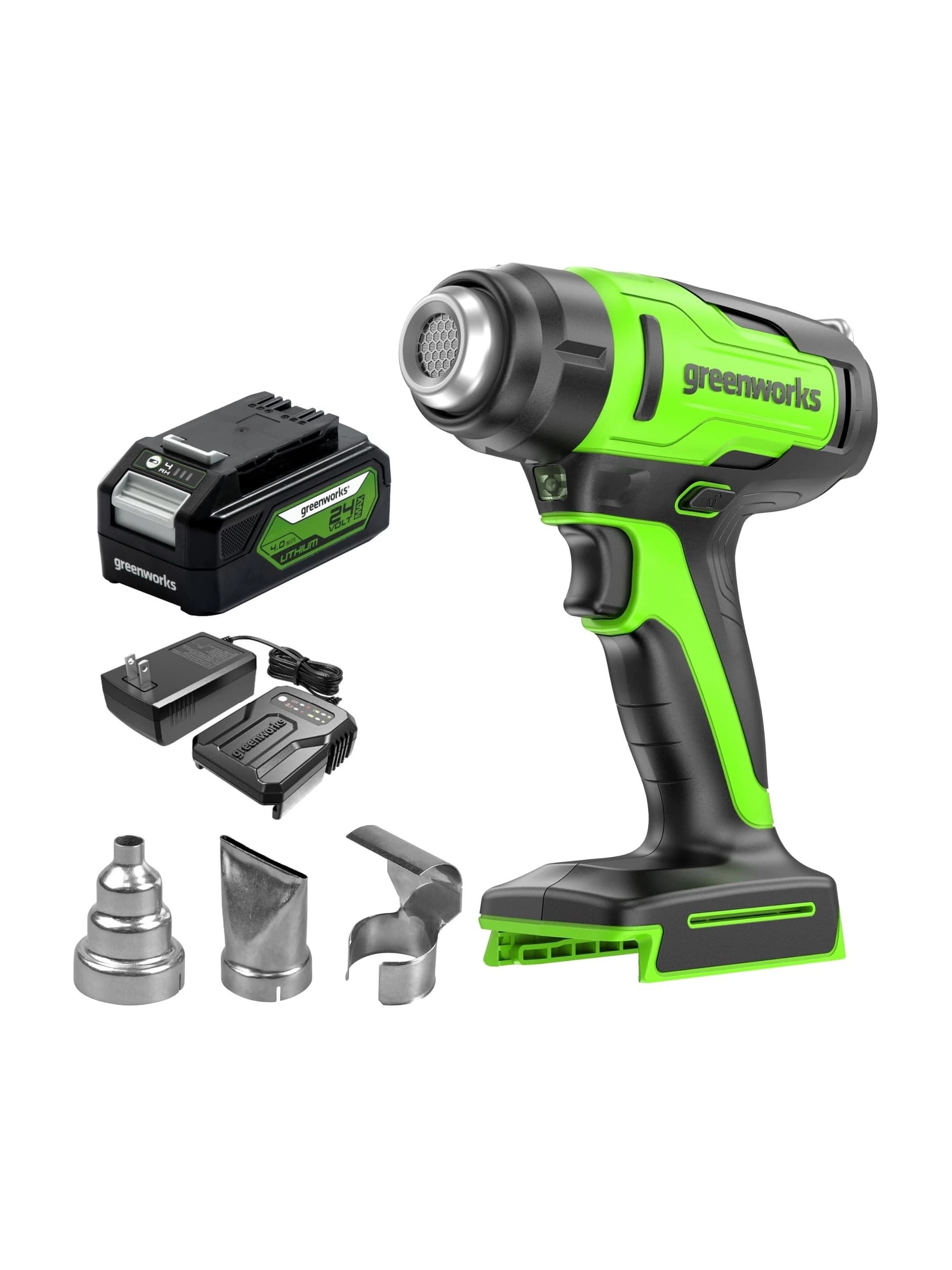 אקדח חום 24 וולט נטען עם סוללת 2 אמפר ומטען, Greenworks HGG301: הערכה המלאה: אקדח החום, סוללה, מטען ושלוש פיות מתכת, על רקע לבן