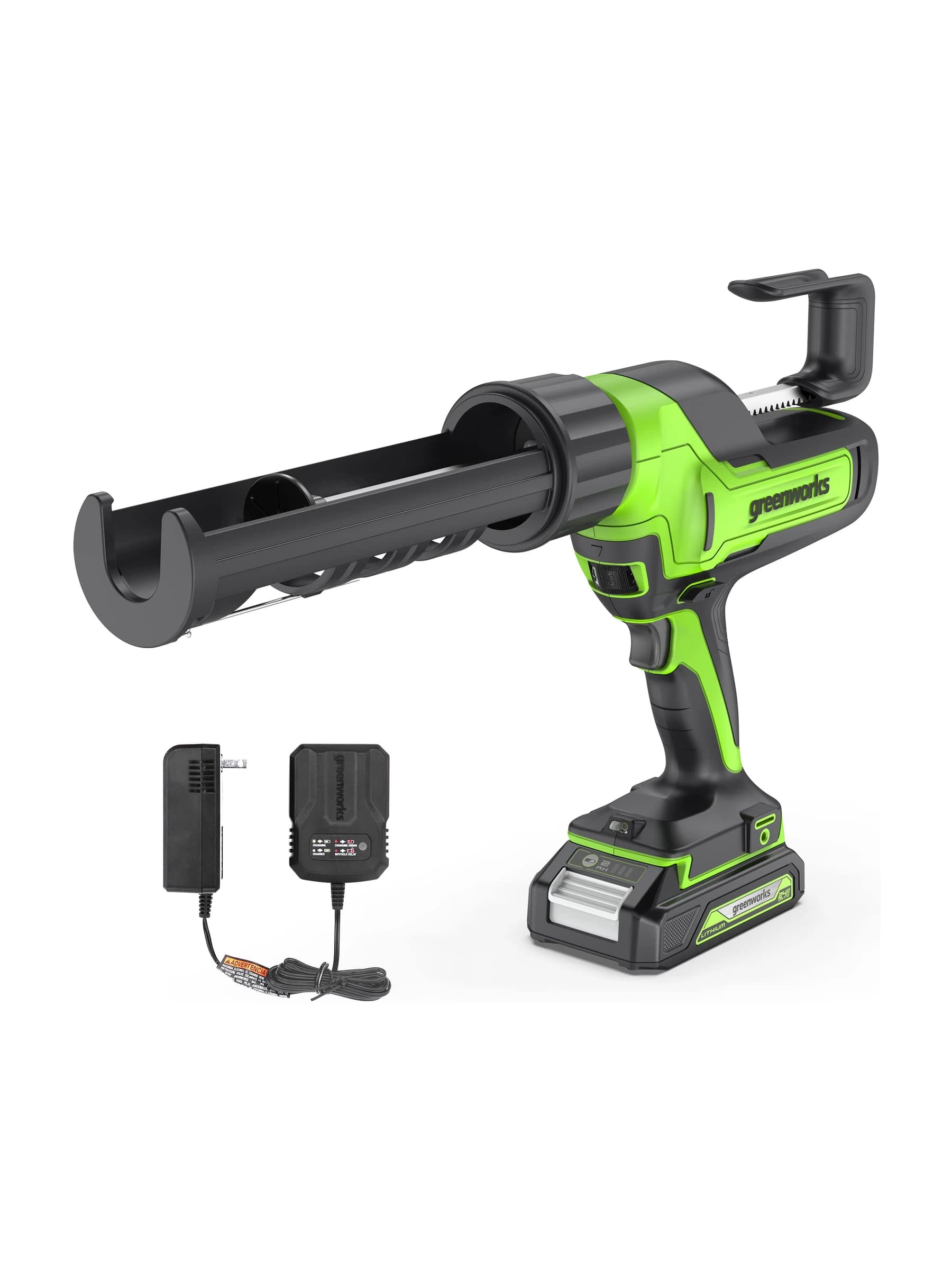 אקדח סיליקון 24 וולט נטען, Greenworks 3503102: האקדח עם סוללה מחוברת ולצידו המטען, על רקע לבן