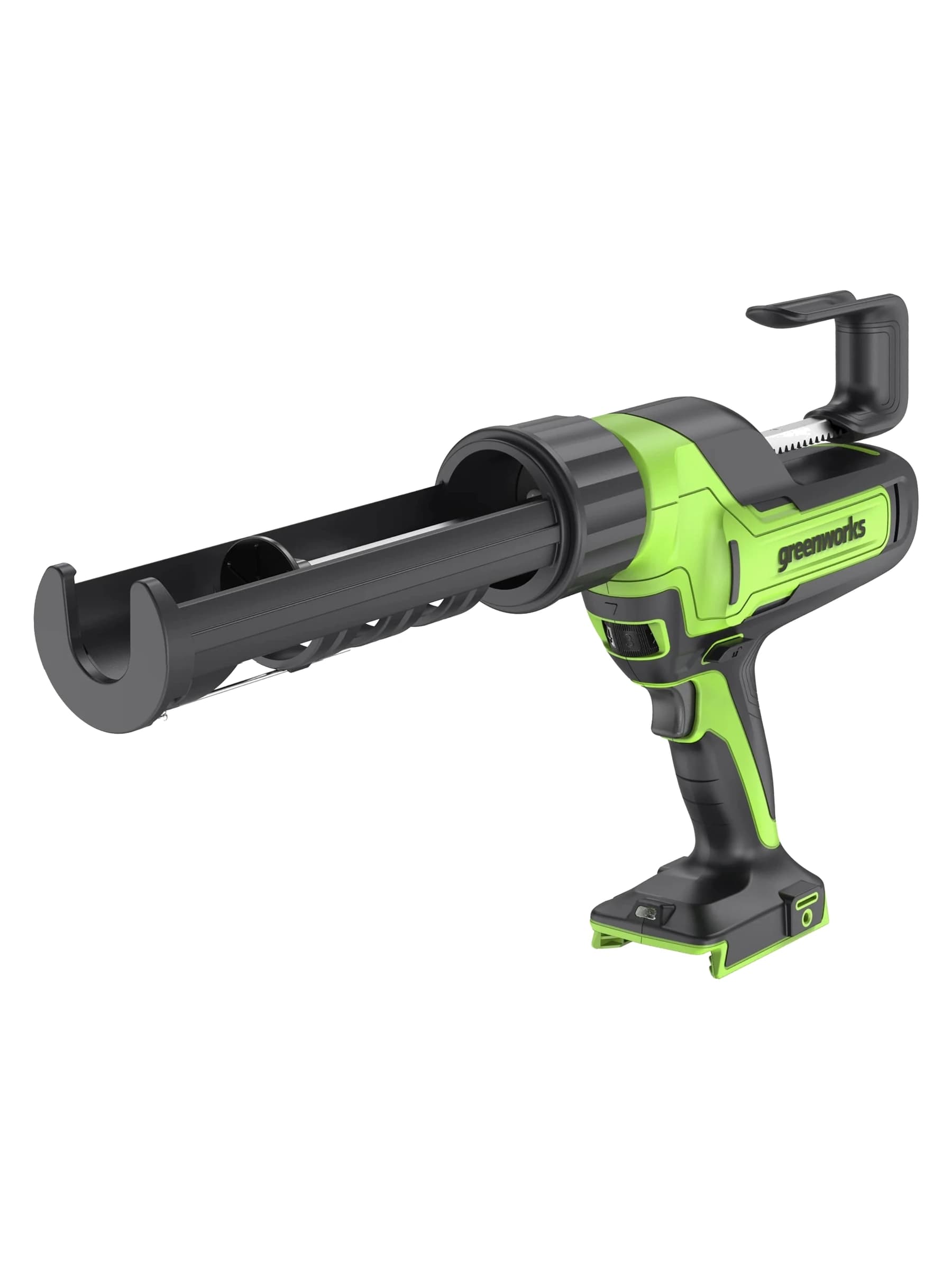 אקדח סיליקון 24 וולט נטען, Greenworks 3503102: גוף בלבד, מבט מהצד עם תושבת המחסנית פתוחה, על רקע לבן