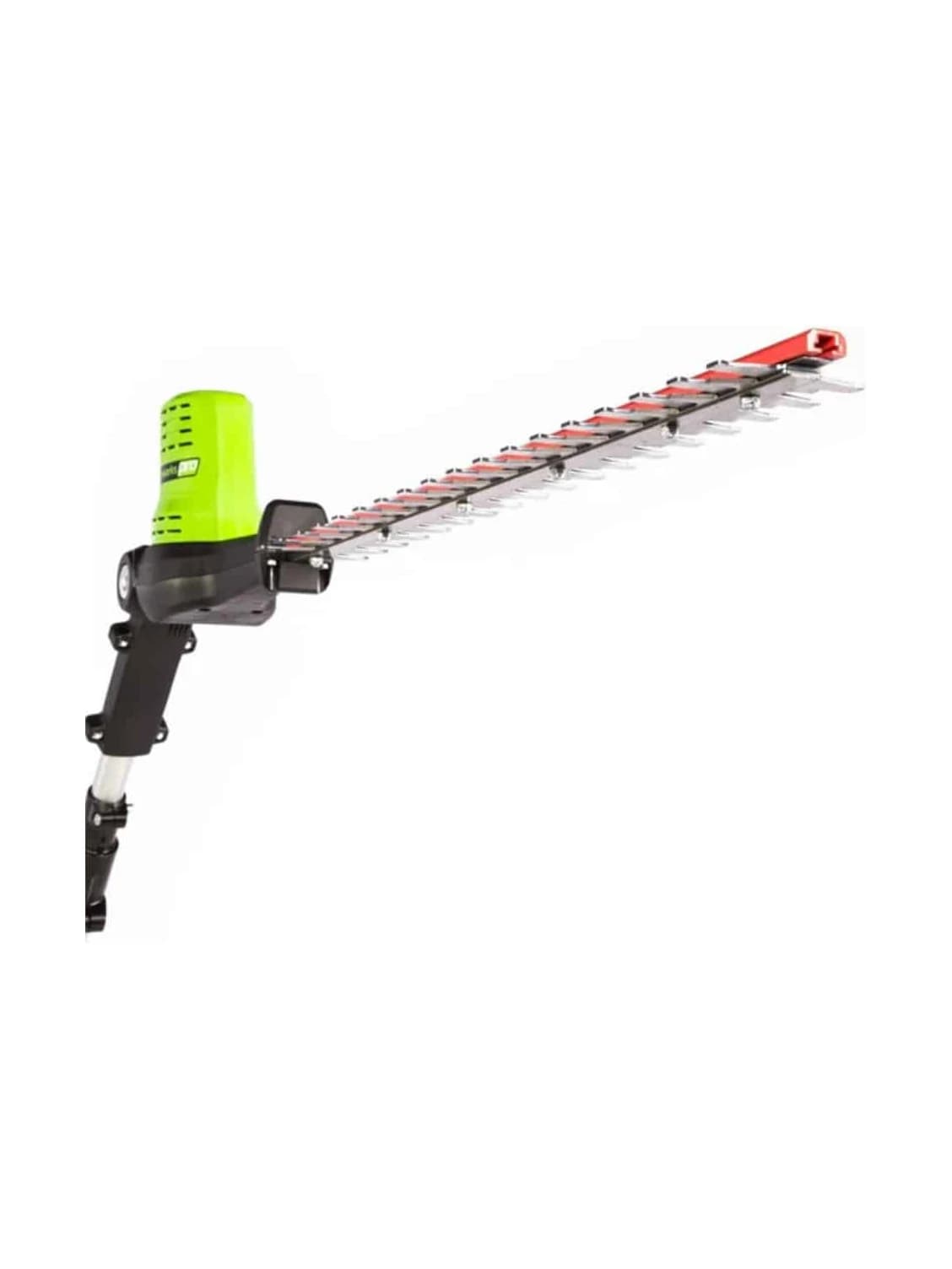 גוזם גדר חיה על מוט 51 ס״מ 80 וולט נטען, Greenworks 2203002: תקריב של ראש הגיזום המתכוונן עם הלהב הכפול, על רקע לבן