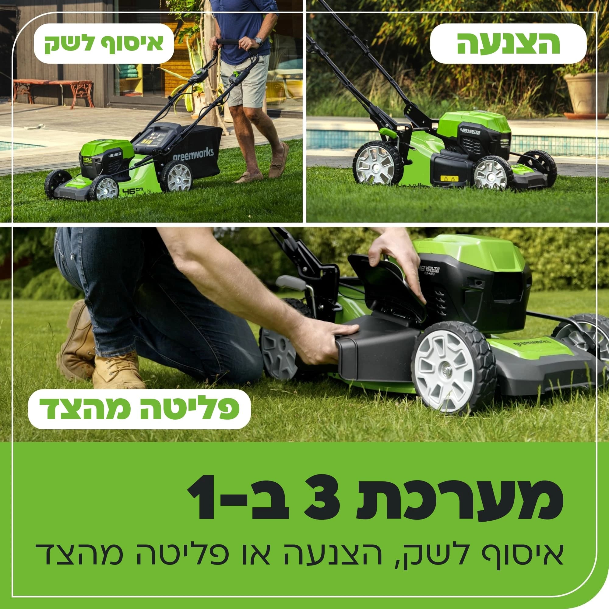 מכסחת דשא 46 ס״מ 48 וולט נטענת נסיעה עצמית, Greenworks GD24X2LM46SP: כרטיס הסבר, מערכת 3 ב-1: שלושה צילומים של איסוף לשק, הצנעה ופליטה מהצד