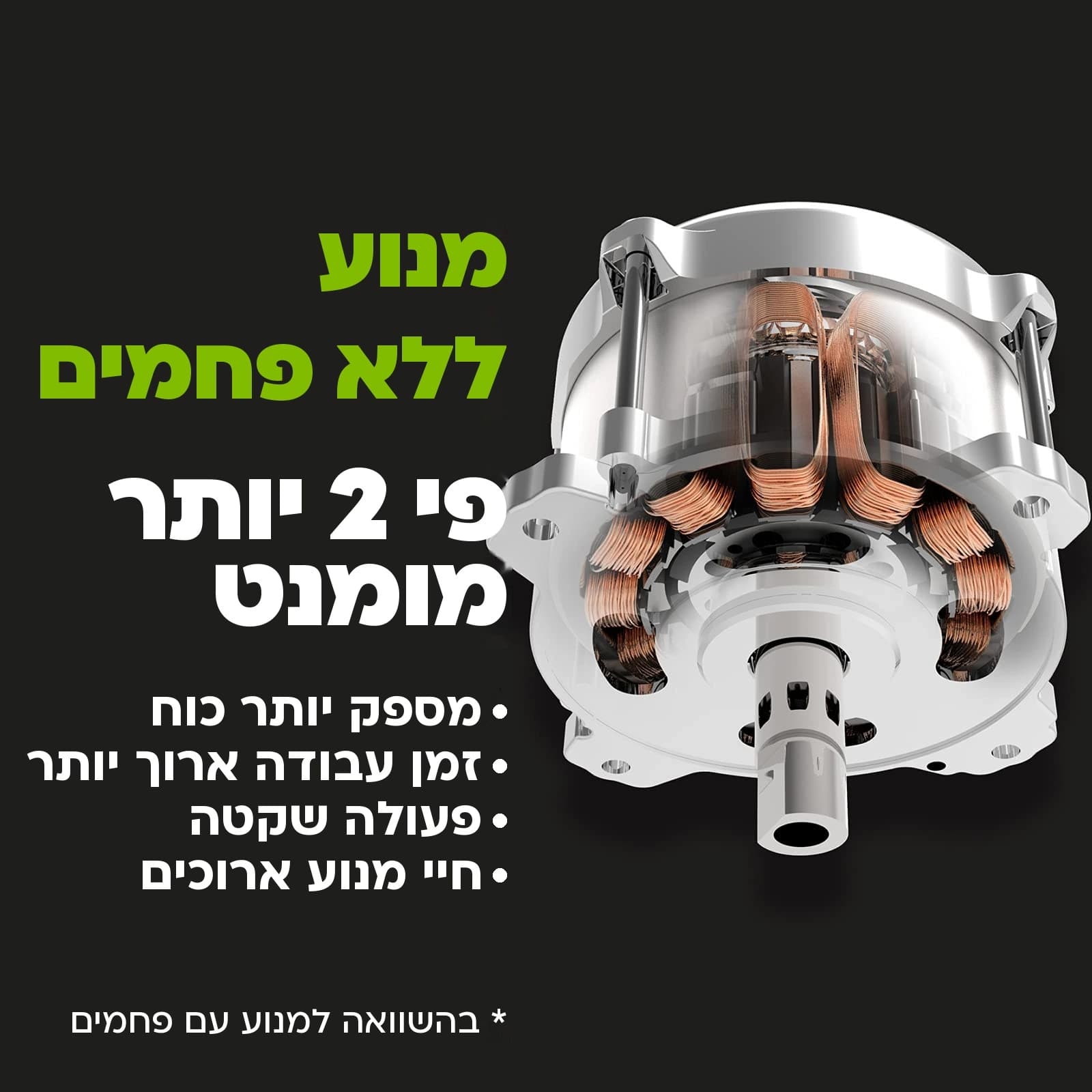 כרטיס הסבר של Greenworks, מנוע ללא פחמים במכסחות 80 וולט: חתך של המנוע, פי 2 יותר מומנט בהשוואה למנוע עם פחמים, יותר כוח, זמן עבודה ארוך יותר, פעולה שקטה וחיי מנוע ארוכים