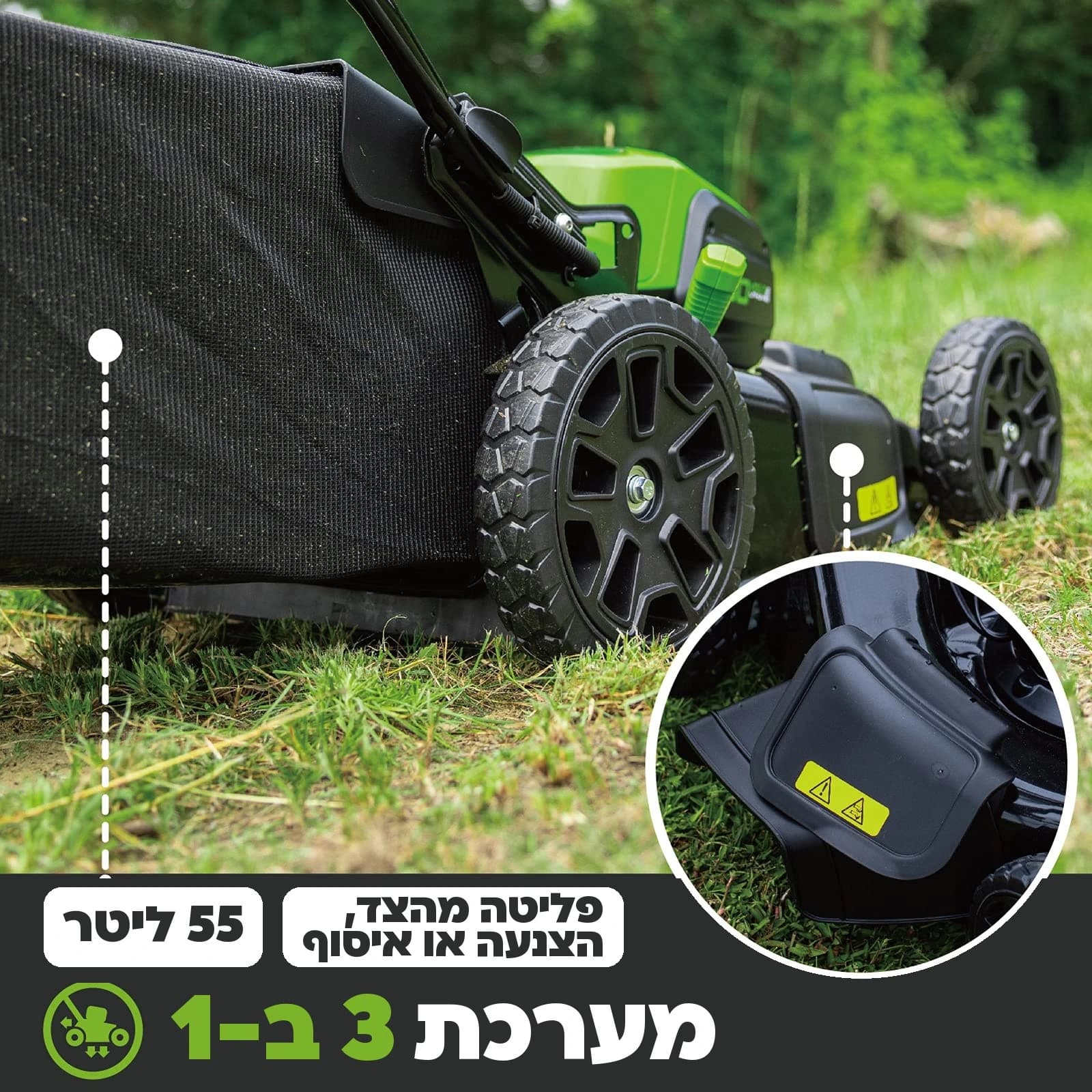 מכסחת דשא 46 ס״מ 80 וולט נטענת נדחפת, Greenworks GD80LM46: כרטיס הסבר, מערכת 3 ב-1: פליטה מהצד, הצנעה או איסוף לשק של 55 ליטר, תקריב של פתח הפליטה
