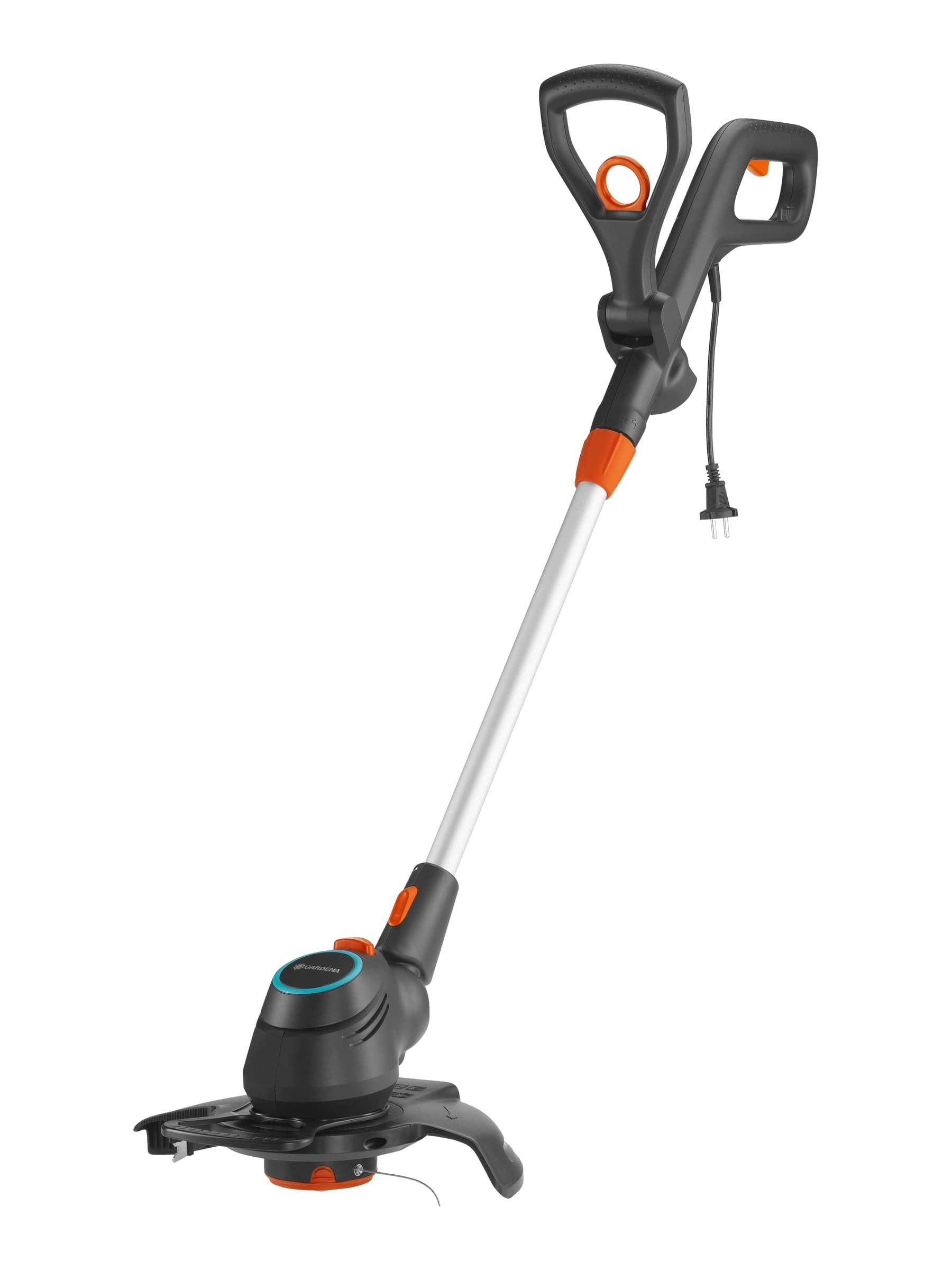 חרמש חשמלי לגינה בינונית, GARDENA ComfortCut 550/28: החרמש במלואו, עם הידית הכפולה, המוט וראש החיתוך, צילום סטודיו