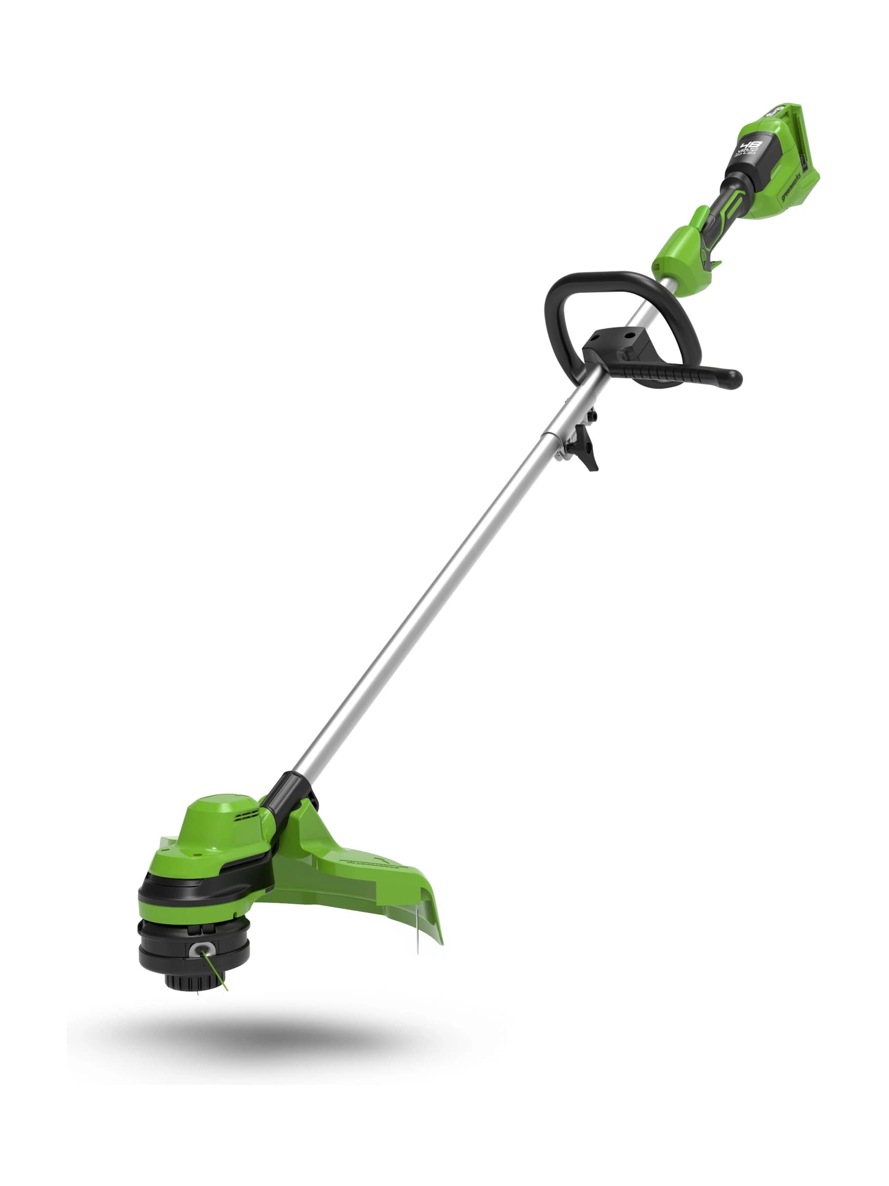 חרמש 33 ס״מ 48 וולט נטען, Greenworks GD24X2LT: החרמש במלוא אורכו באלכסון, גוף בלבד, על רקע לבן