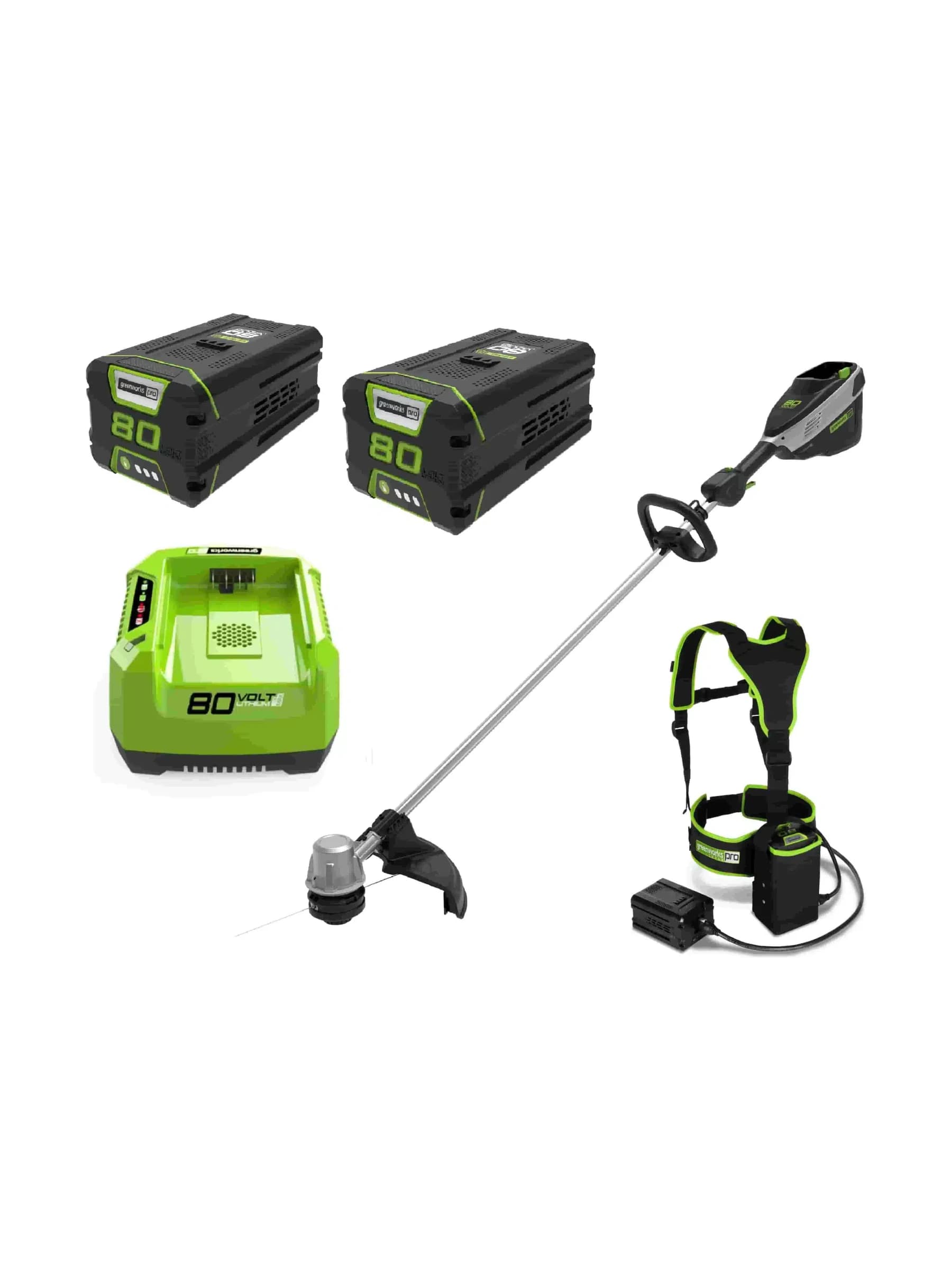 חרמש 41 ס״מ (16 אינץ׳) 80 וולט נטען, Greenworks STB460: החרמש עם שתי סוללות 4 אמפר, מטען ורתמת נשיאה לסוללה, על רקע לבן