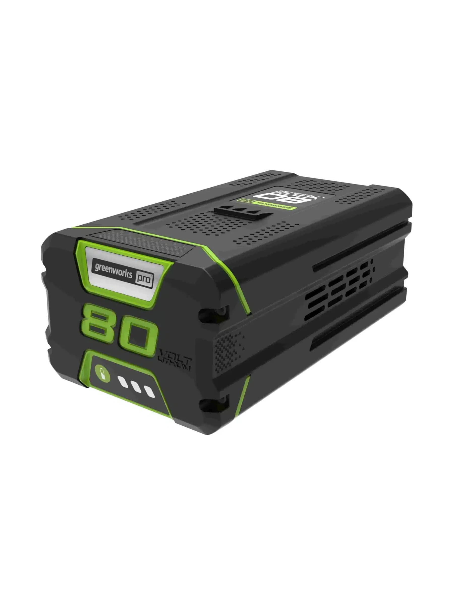 חרמש 41 ס״מ (16 אינץ׳) 80 וולט נטען, Greenworks STB460: סוללת 4 אמפר 80 וולט שבערכה, תקריב מלפנים עם מחוון הטעינה
