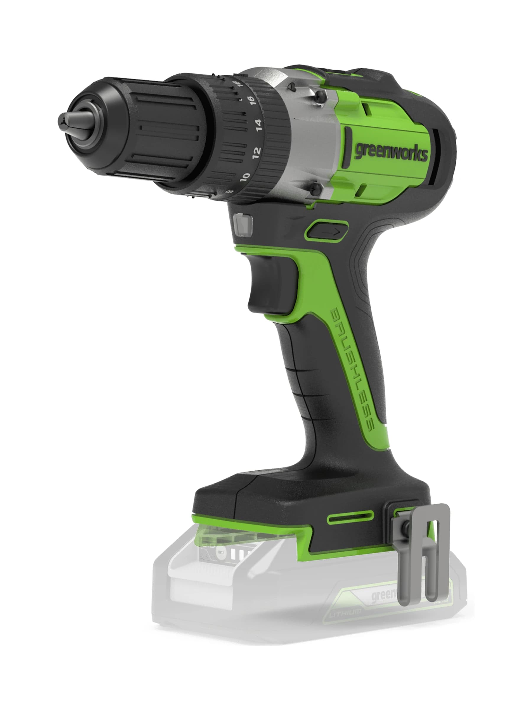 מקדחה ומברגה 24 וולט נטענת גוף בלבד, Greenworks GD24DD60: גוף בלבד במבט מהצד עם קליפס לחגורה, והסוללה מסומנת בשקיפות כדי להראות שאינה כלולה, על רקע לבן