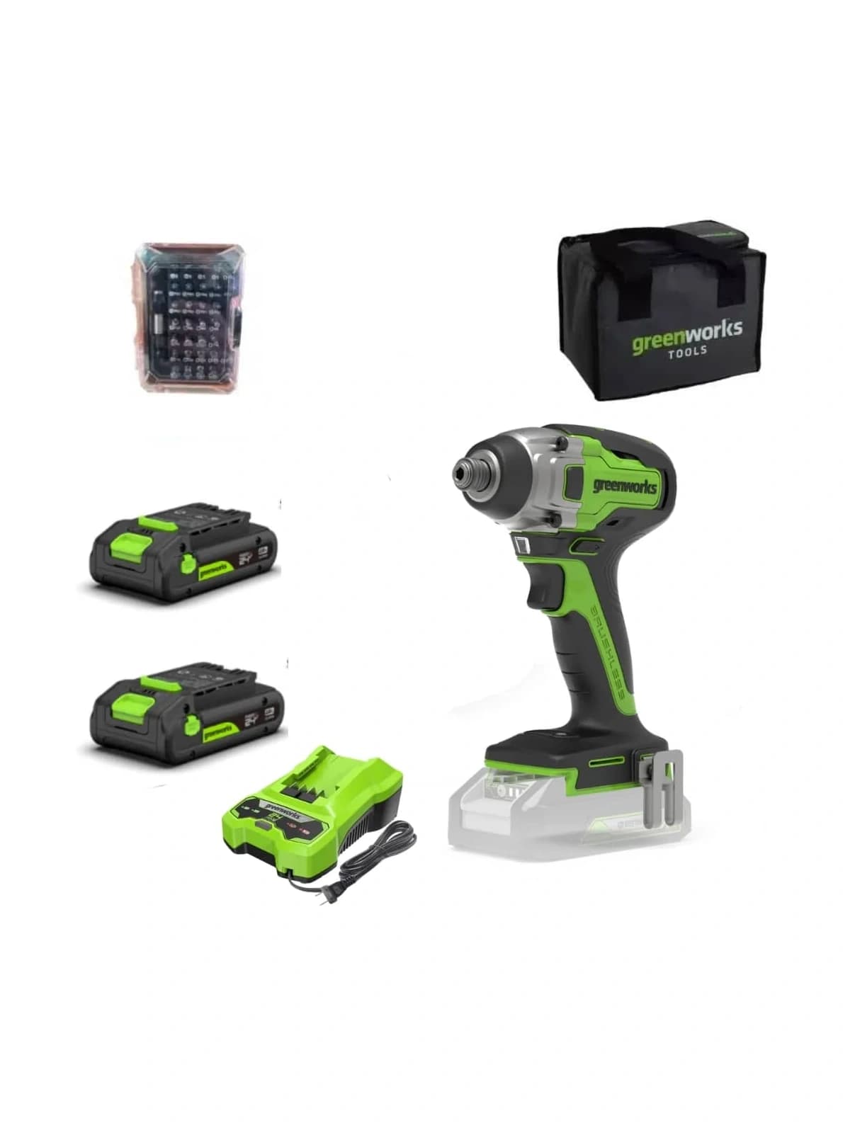 מברגת אימפקט 24 וולט נטענת, Greenworks GD24ID3: הערכה המלאה: המברגה, שתי סוללות, מטען, סט ביטים ותיק נשיאה, על רקע לבן