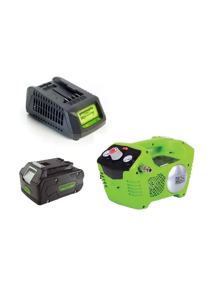 מדחס 24 וולט נטען, Greenworks G24AC: המדחס עם סוללת 4 אמפר ומטען, על רקע לבן