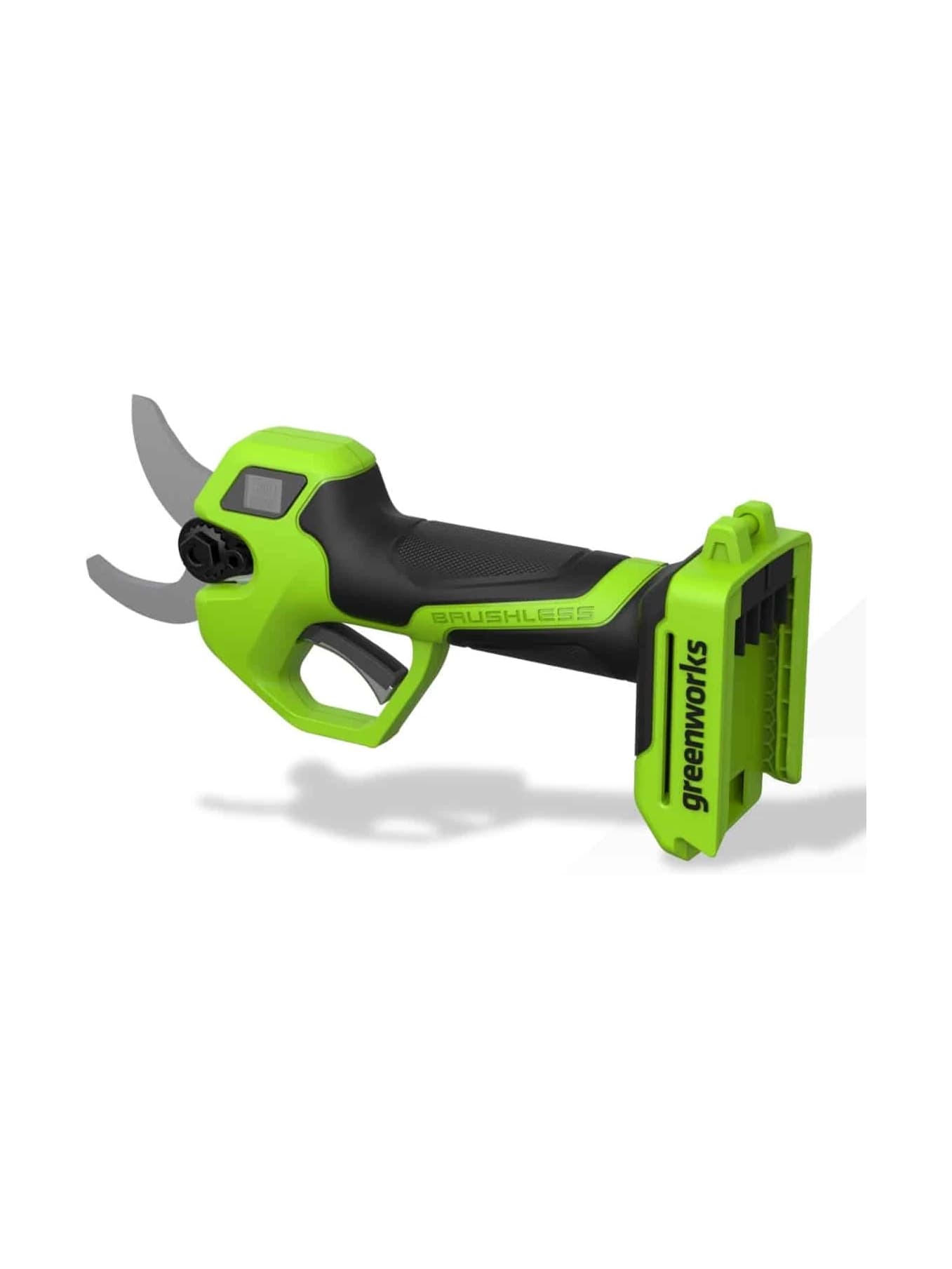 מזמרה 24 וולט נטענת, Greenworks LP1212: גוף בלבד במבט מהצד, הלהבים פתוחים שמאלה ותושבת הסוללה מימין, על רקע לבן