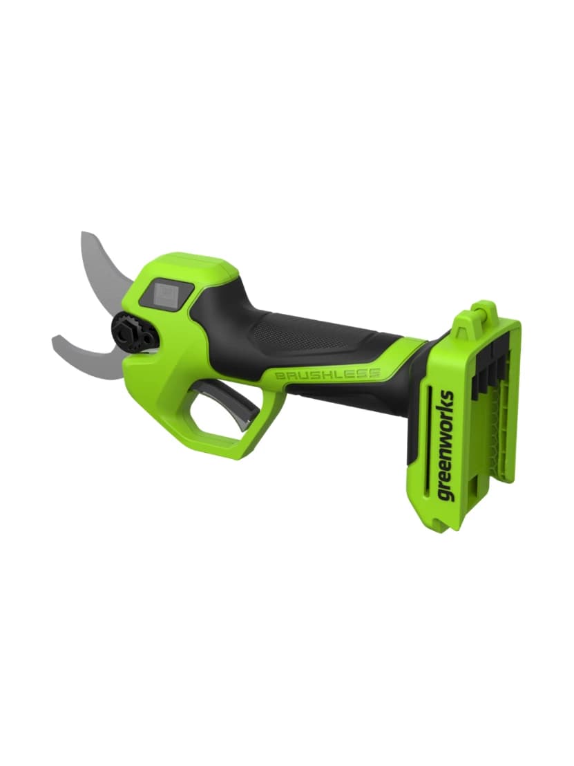 מזמרה 24 וולט נטענת, Greenworks LP1212: גוף בלבד במבט מהצד מקרוב, הלהבים פתוחים, על רקע לבן