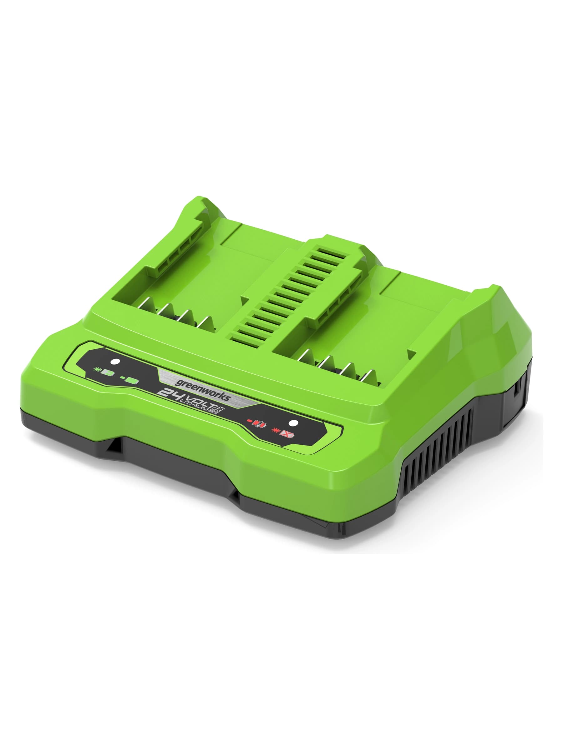 מטען כפול 24 וולט, Greenworks G24X2UC: מטען כפול 2 אמפר במבט אלכסוני מלפנים, שתי מסילות טעינה ונורות מחוון, על רקע לבן
