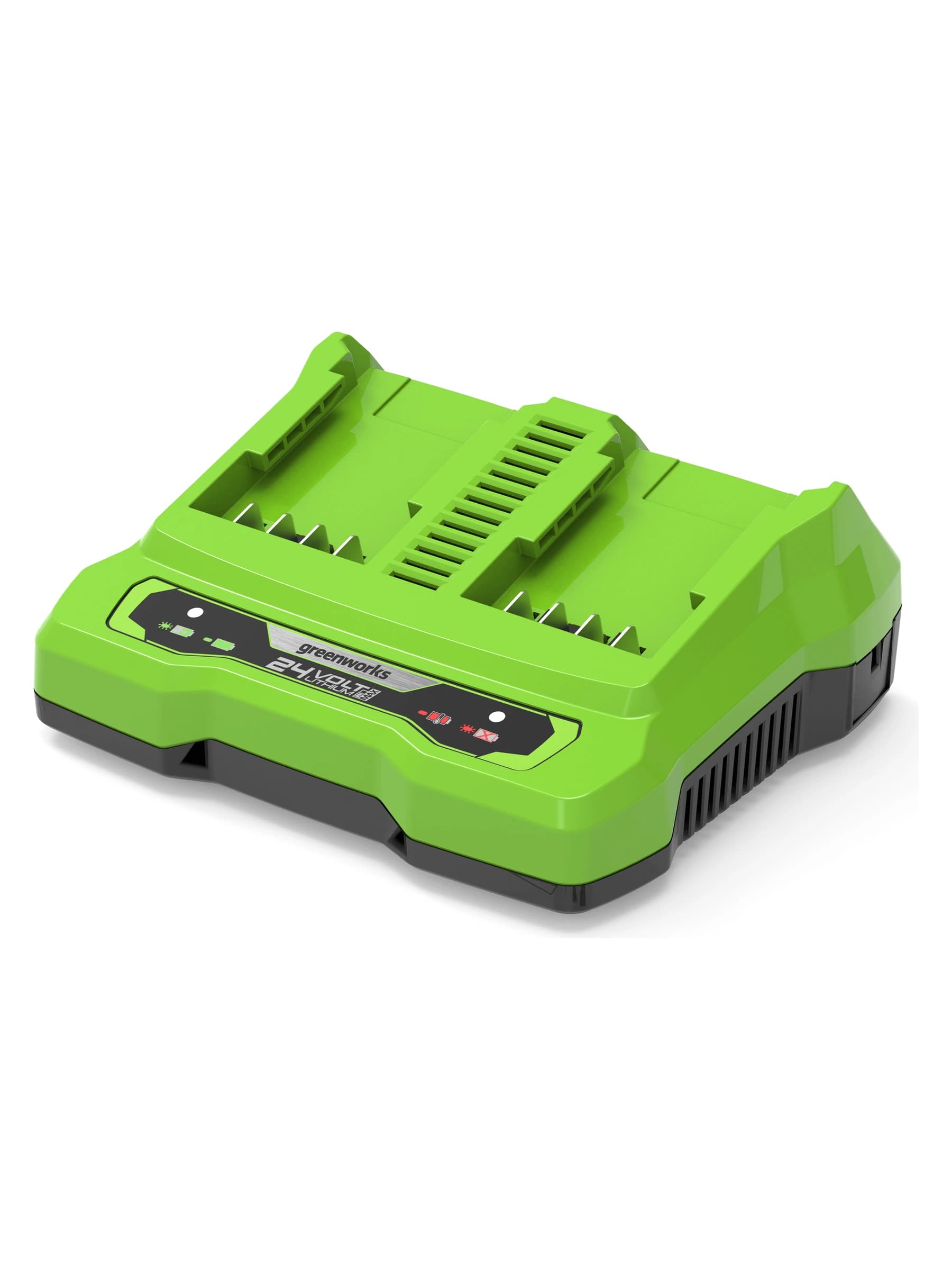 מטען כפול 24 וולט, Greenworks G24X2UC: מטען כפול 4 אמפר במבט אלכסוני מלפנים, שתי מסילות טעינה ונורות מחוון, על רקע לבן