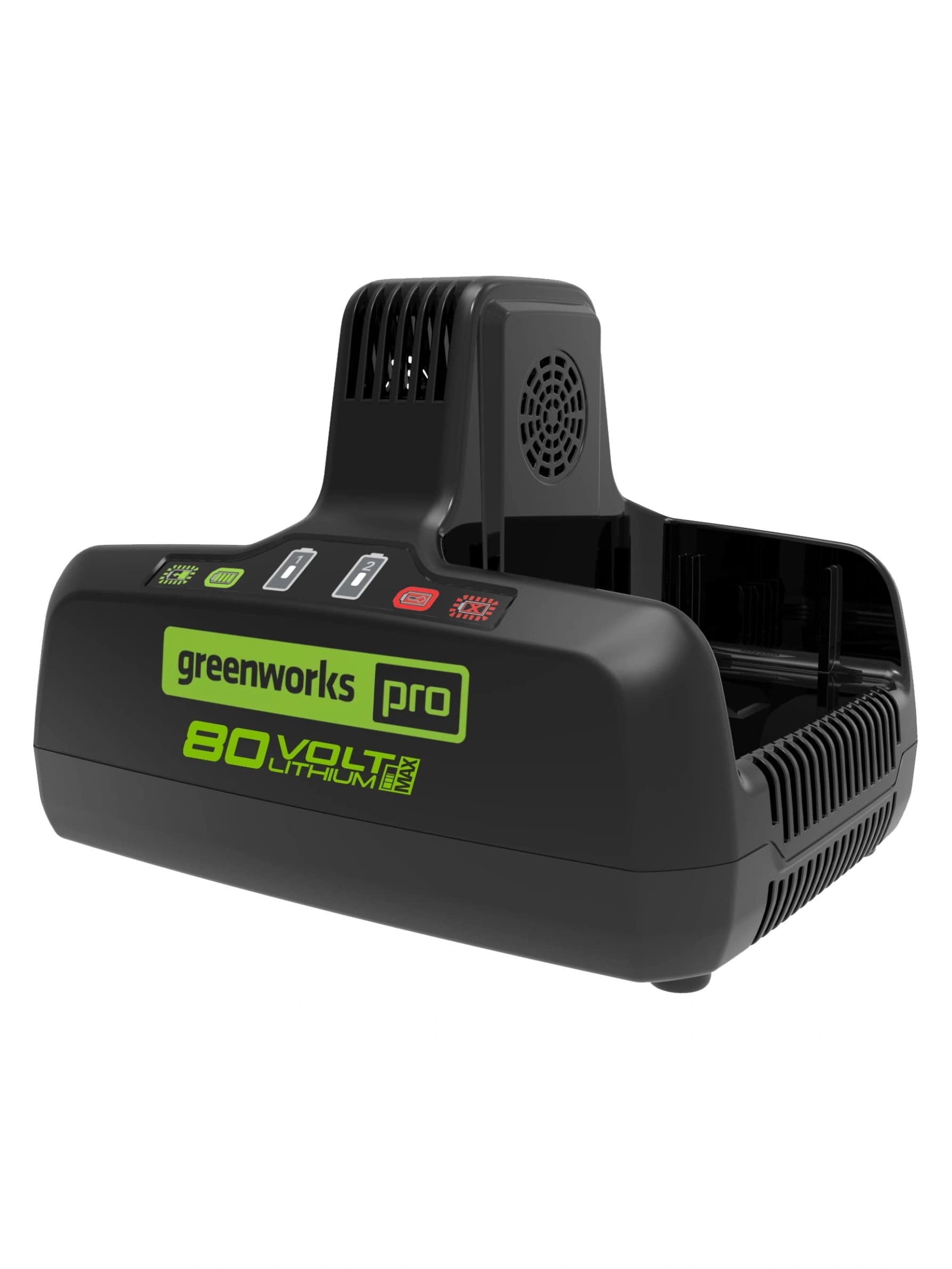 מטען כפול 8 אמפר 80 וולט עם מאוורר קירור, Greenworks 2958602AZ: המטען הכפול במבט אלכסוני מלפנים, שני שקעי הטעינה ופתחי האוורור, על רקע לבן