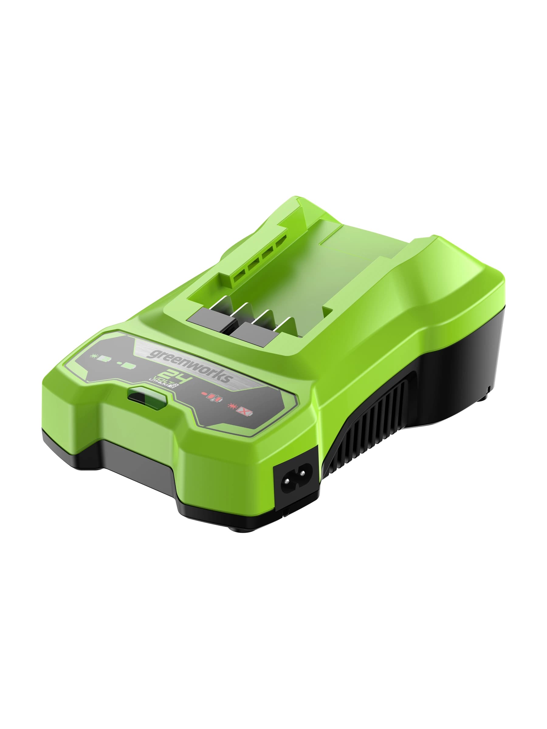 מטען מהיר 24 וולט עם מחוון טעינה, Greenworks G24C: מטען 4 אמפר במבט אלכסוני מלפנים, עם נורות המחוון ושקע הכבל, על רקע לבן