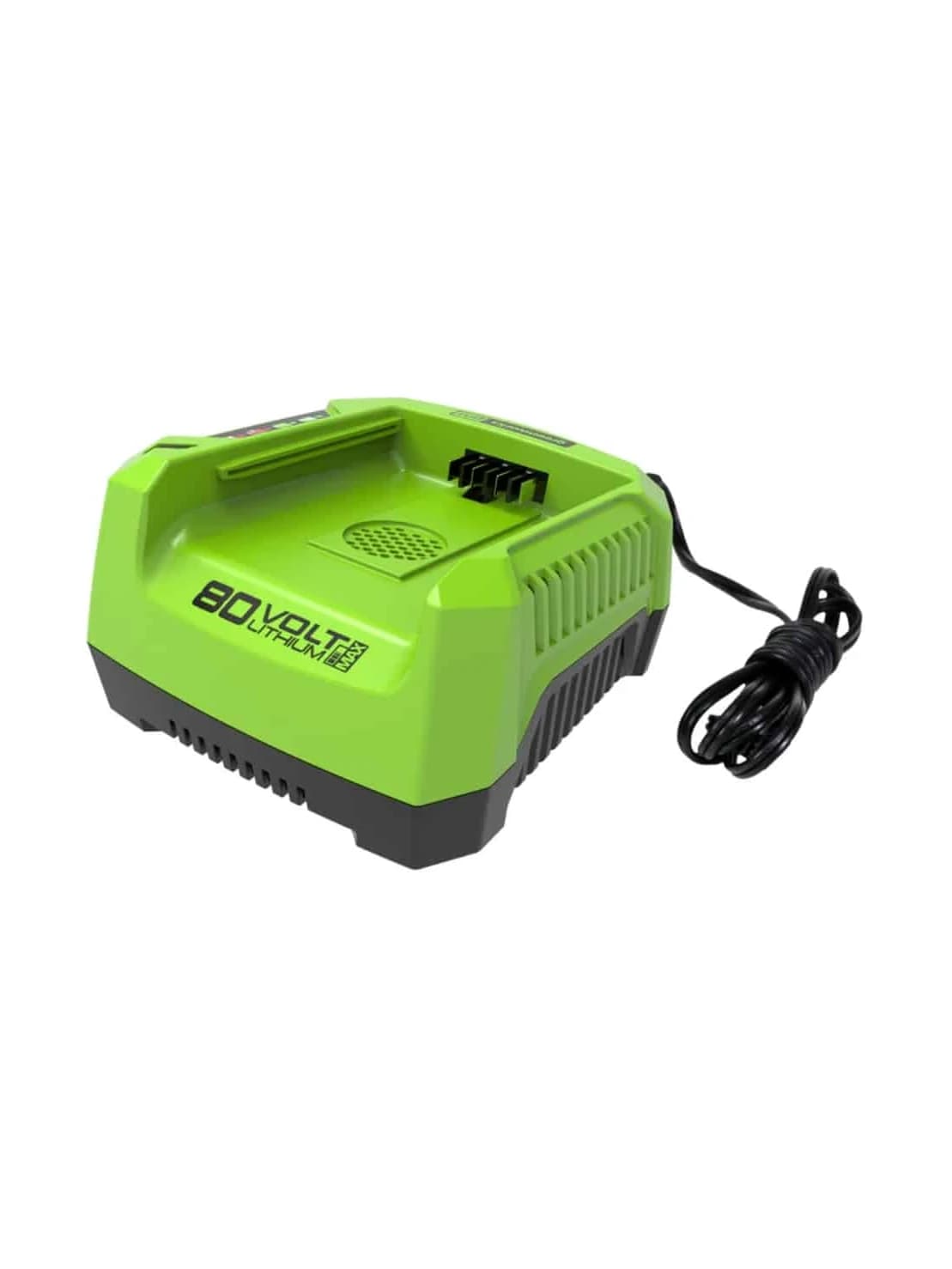 מטען מהיר 4 אמפר 80 וולט עם מאוורר קירור, Greenworks GCH8040: המטען עם כבל החשמל מלופף לצידו, על רקע לבן